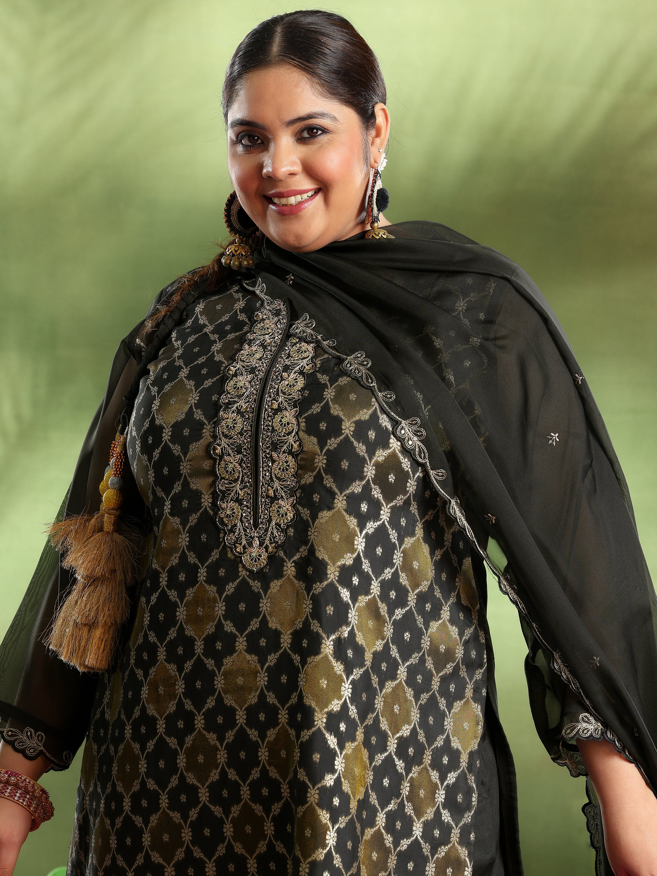 Plus Size Black Woven Design Organza Straight Suit With Dupatta