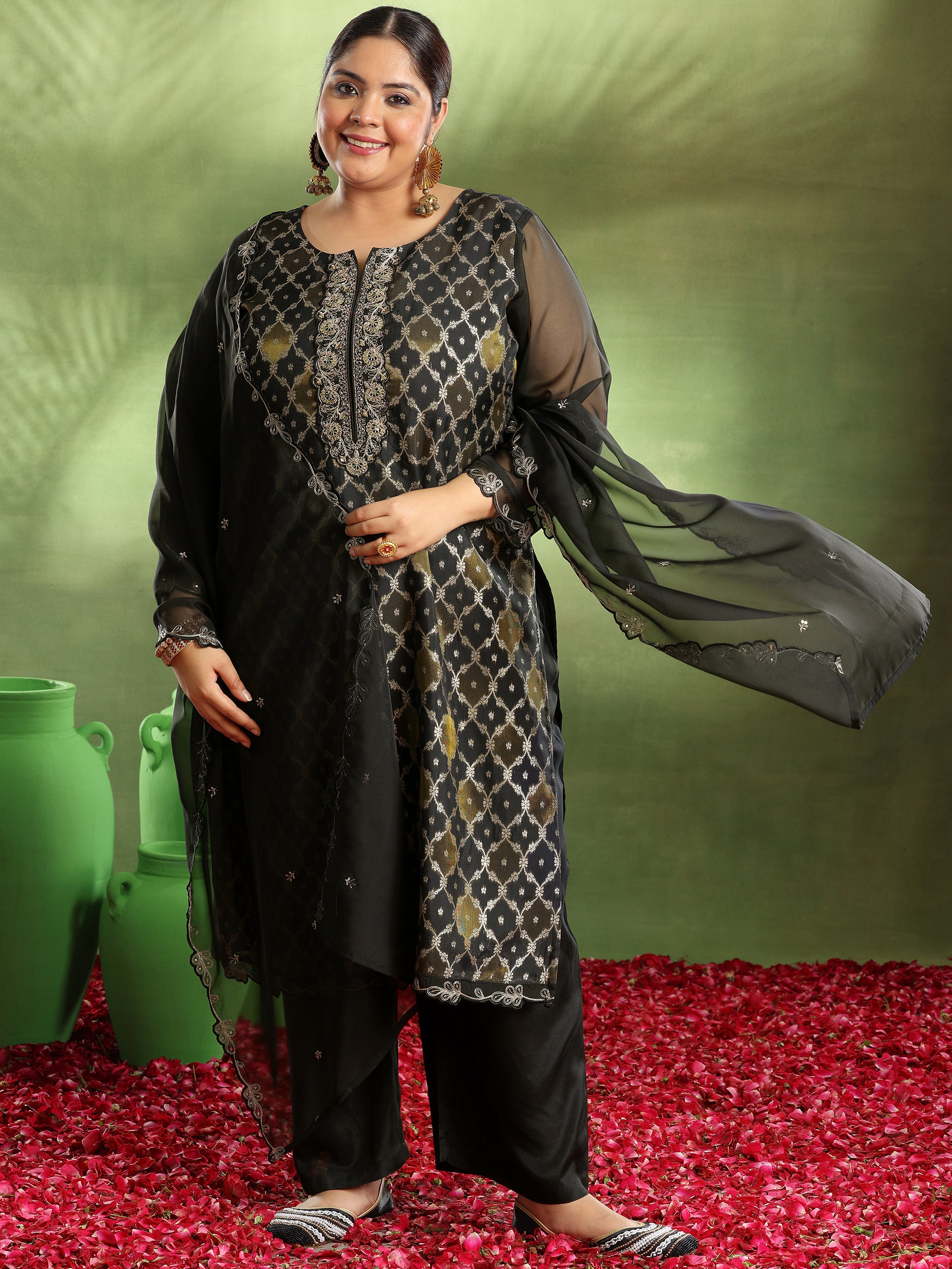 Plus Size Black Woven Design Organza Straight Suit With Dupatta