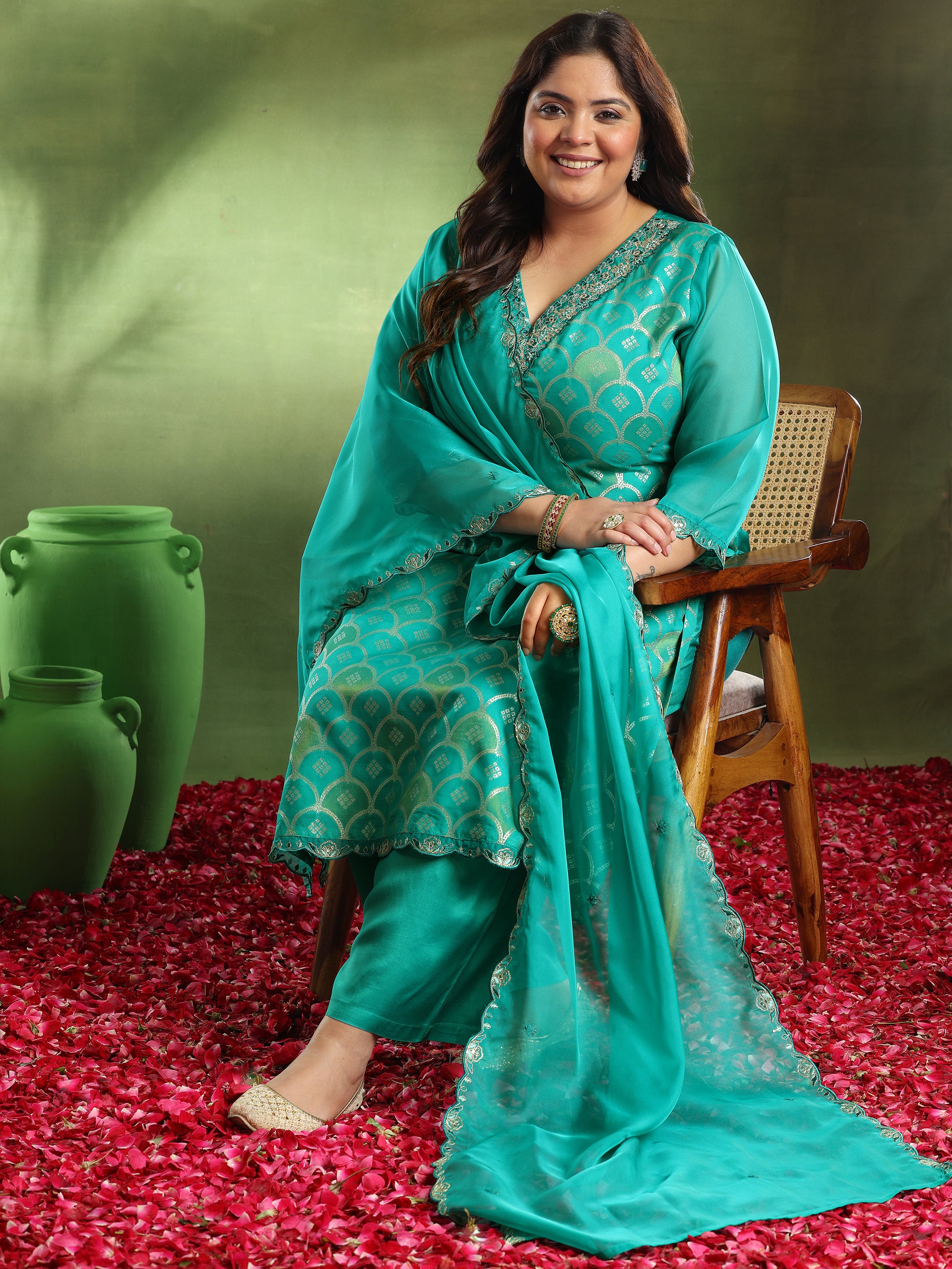 Plus Size Green Woven Design Organza Straight Suit With Dupatta