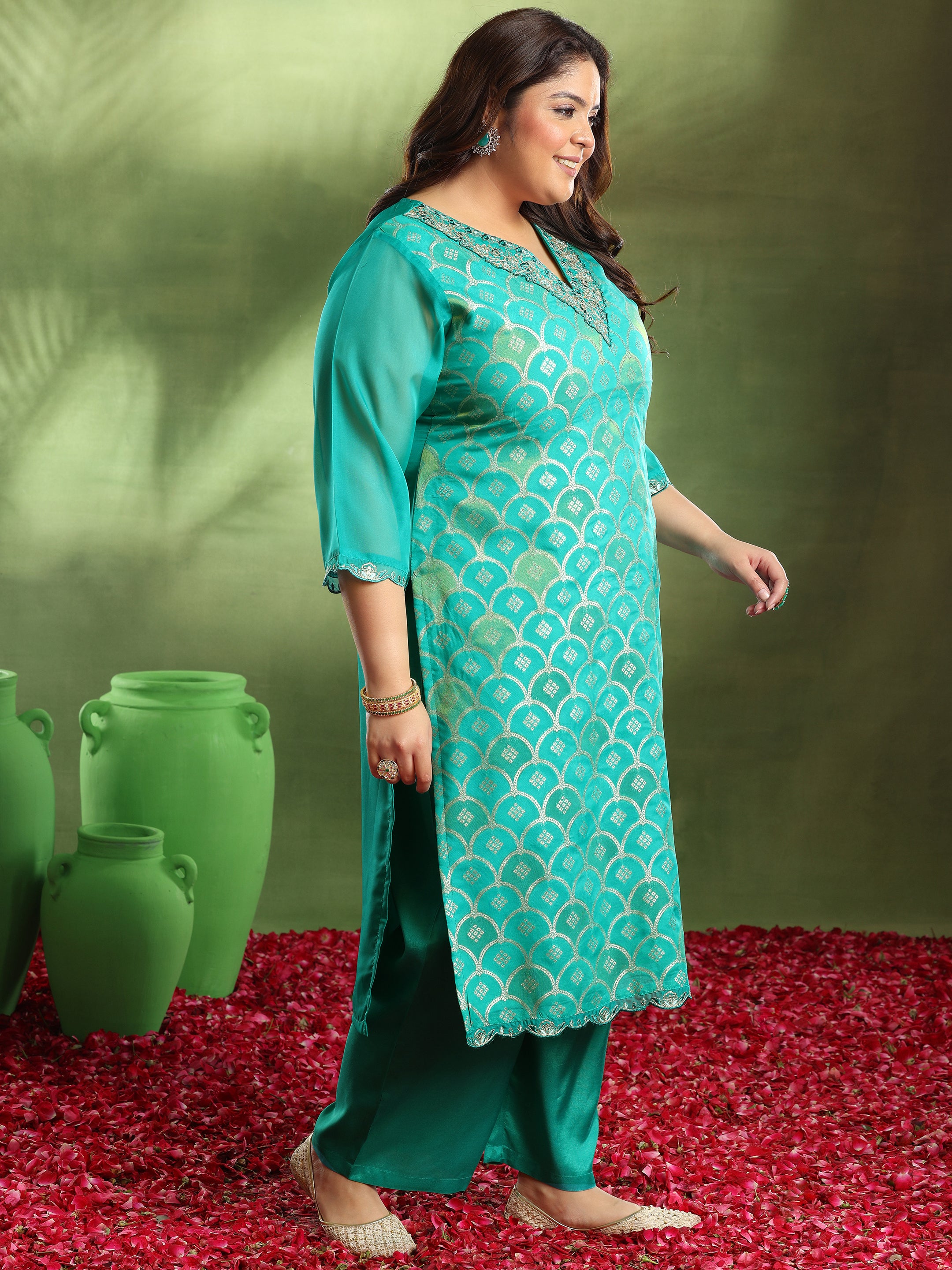 Plus Size Green Woven Design Organza Straight Suit With Dupatta