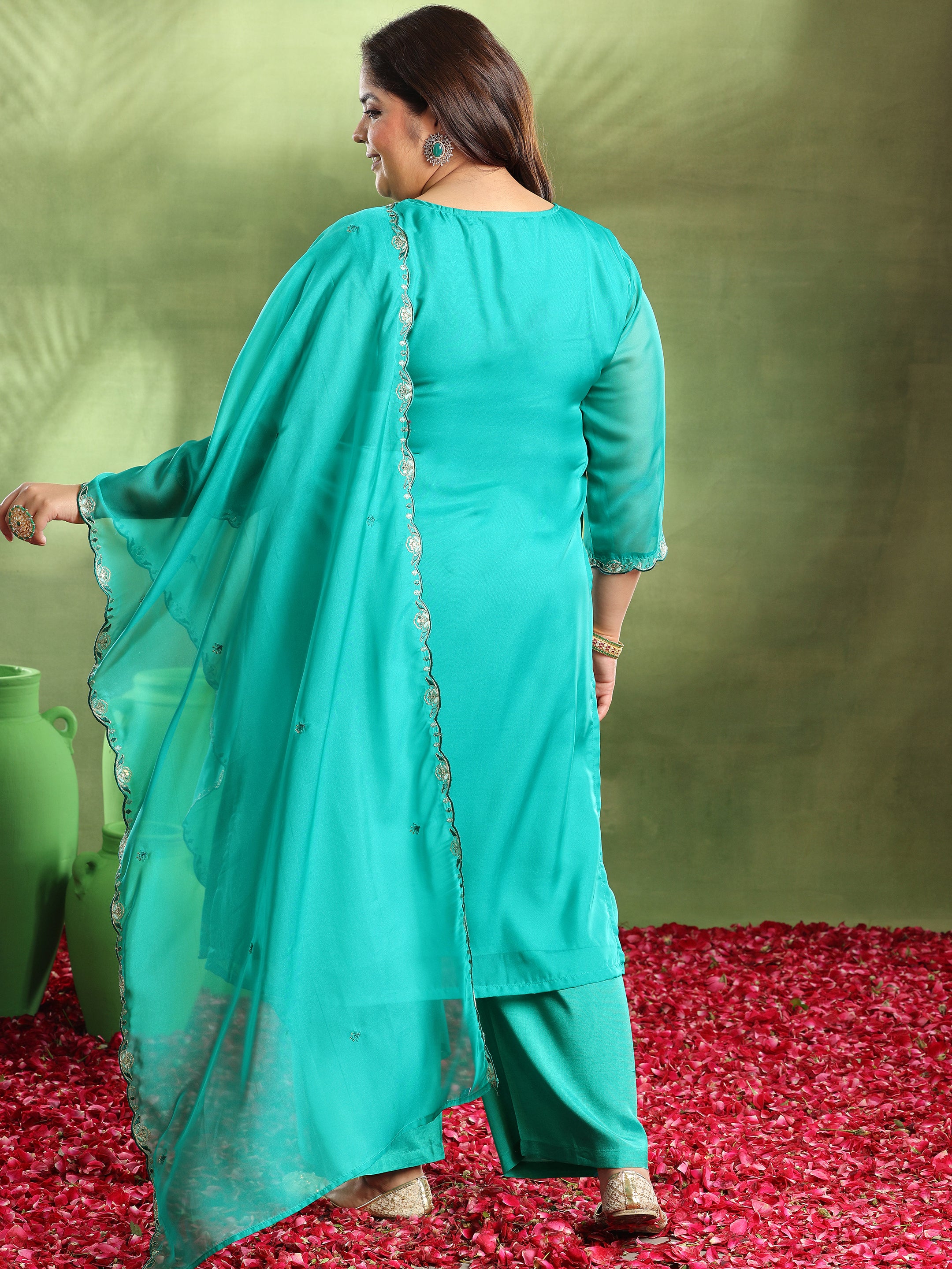 Plus Size Green Woven Design Organza Straight Suit With Dupatta