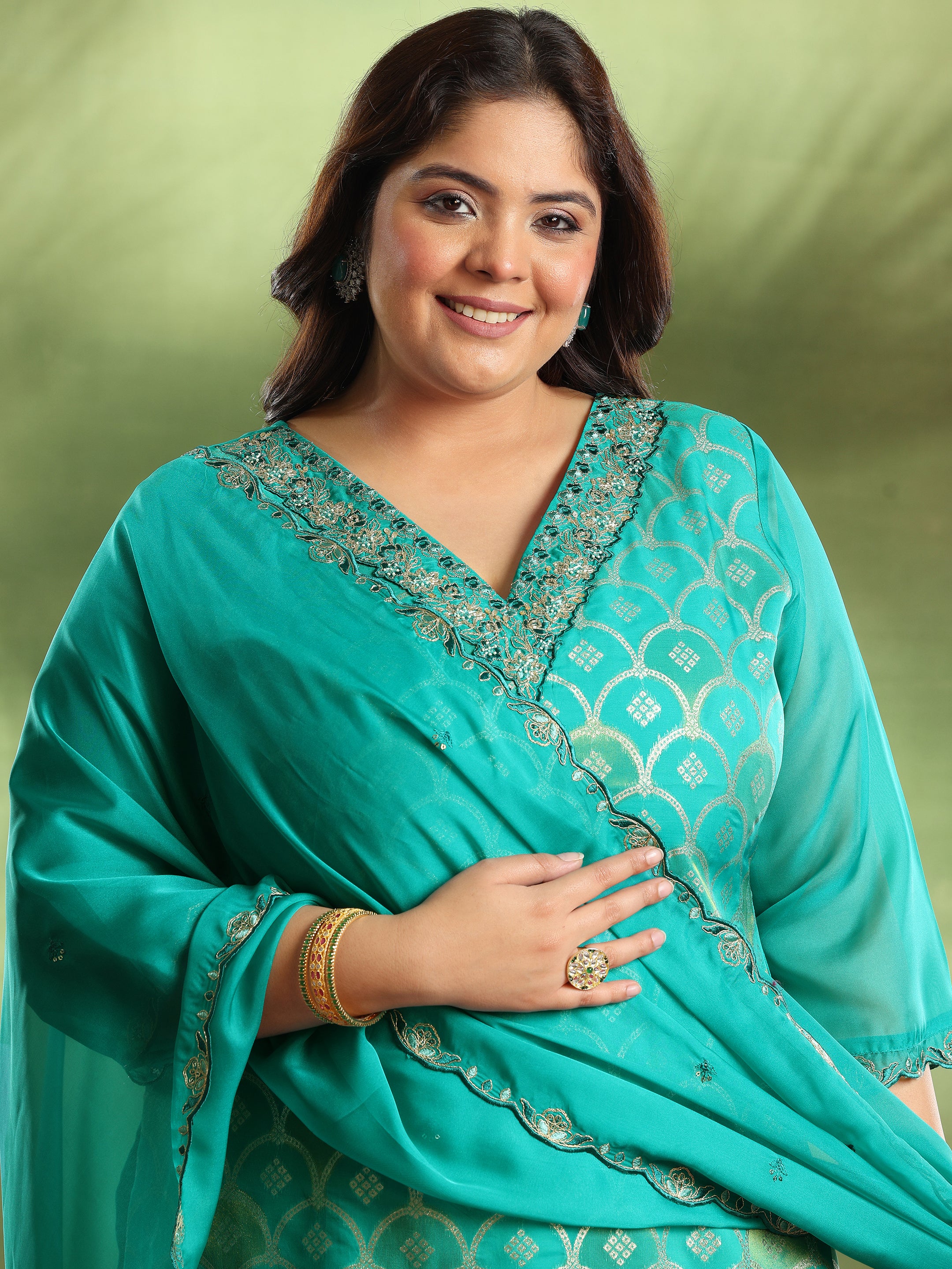 Plus Size Green Woven Design Organza Straight Suit With Dupatta