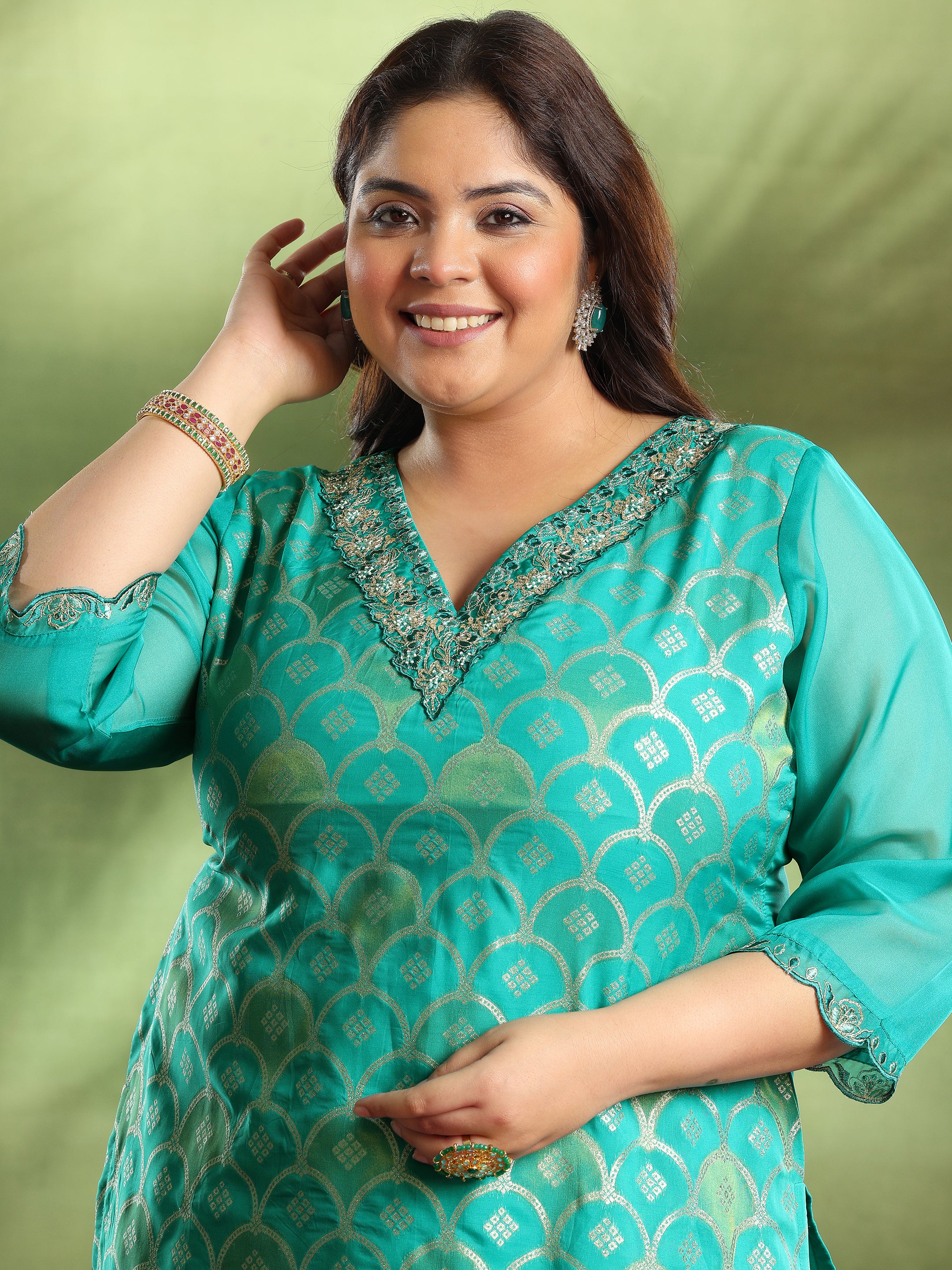 Plus Size Green Woven Design Organza Straight Suit With Dupatta