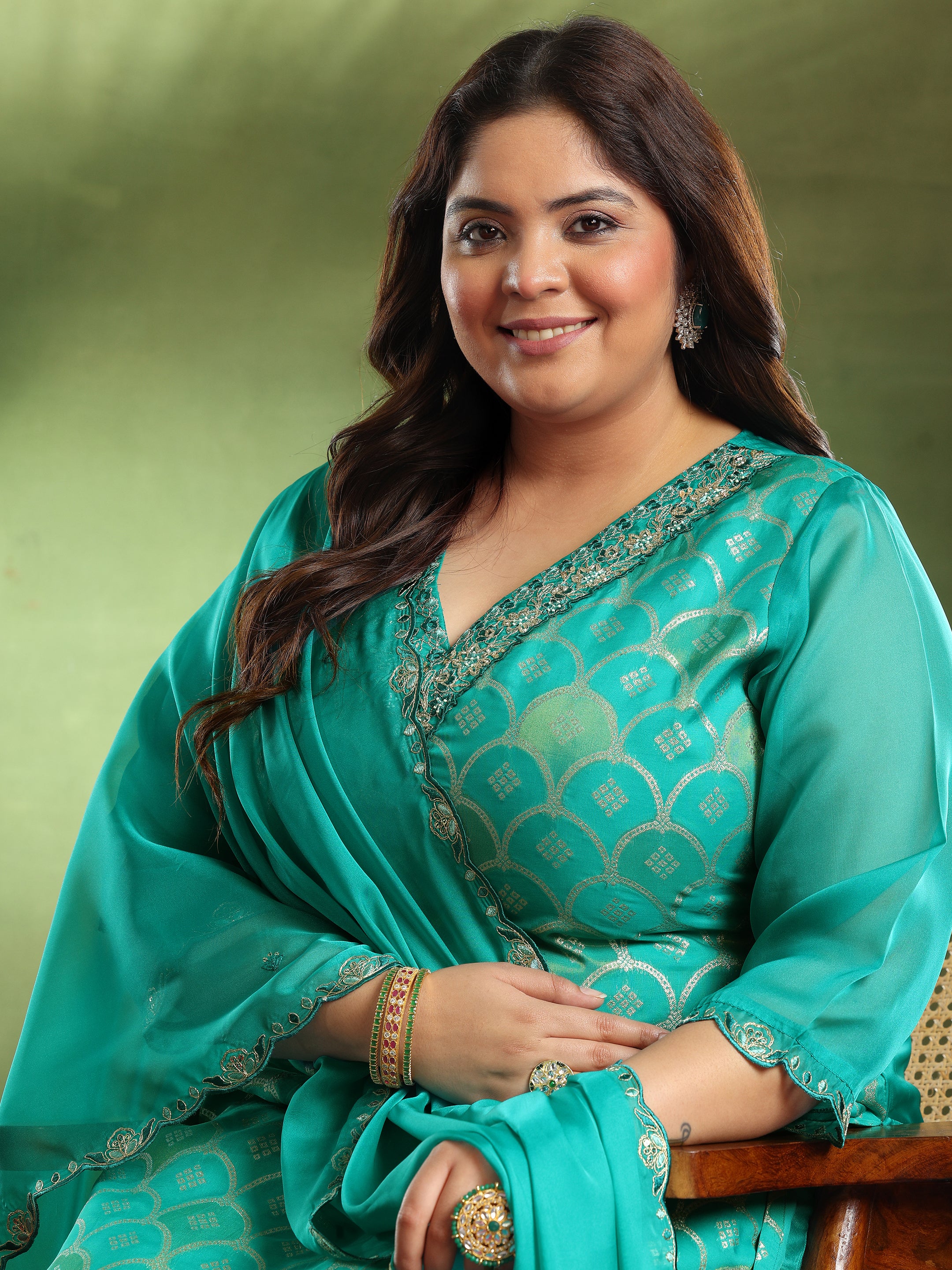 Plus Size Green Woven Design Organza Straight Suit With Dupatta