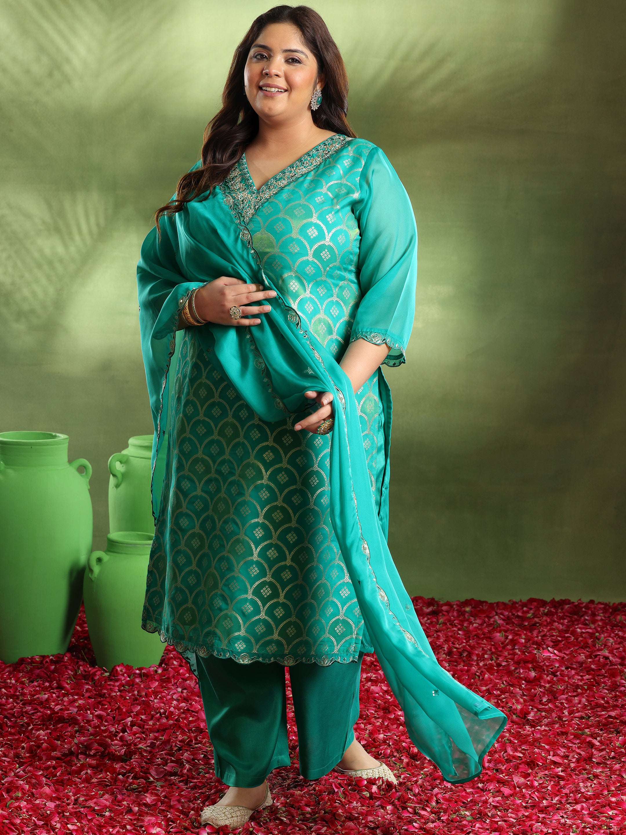 Plus Size Green Woven Design Organza Straight Suit With Dupatta