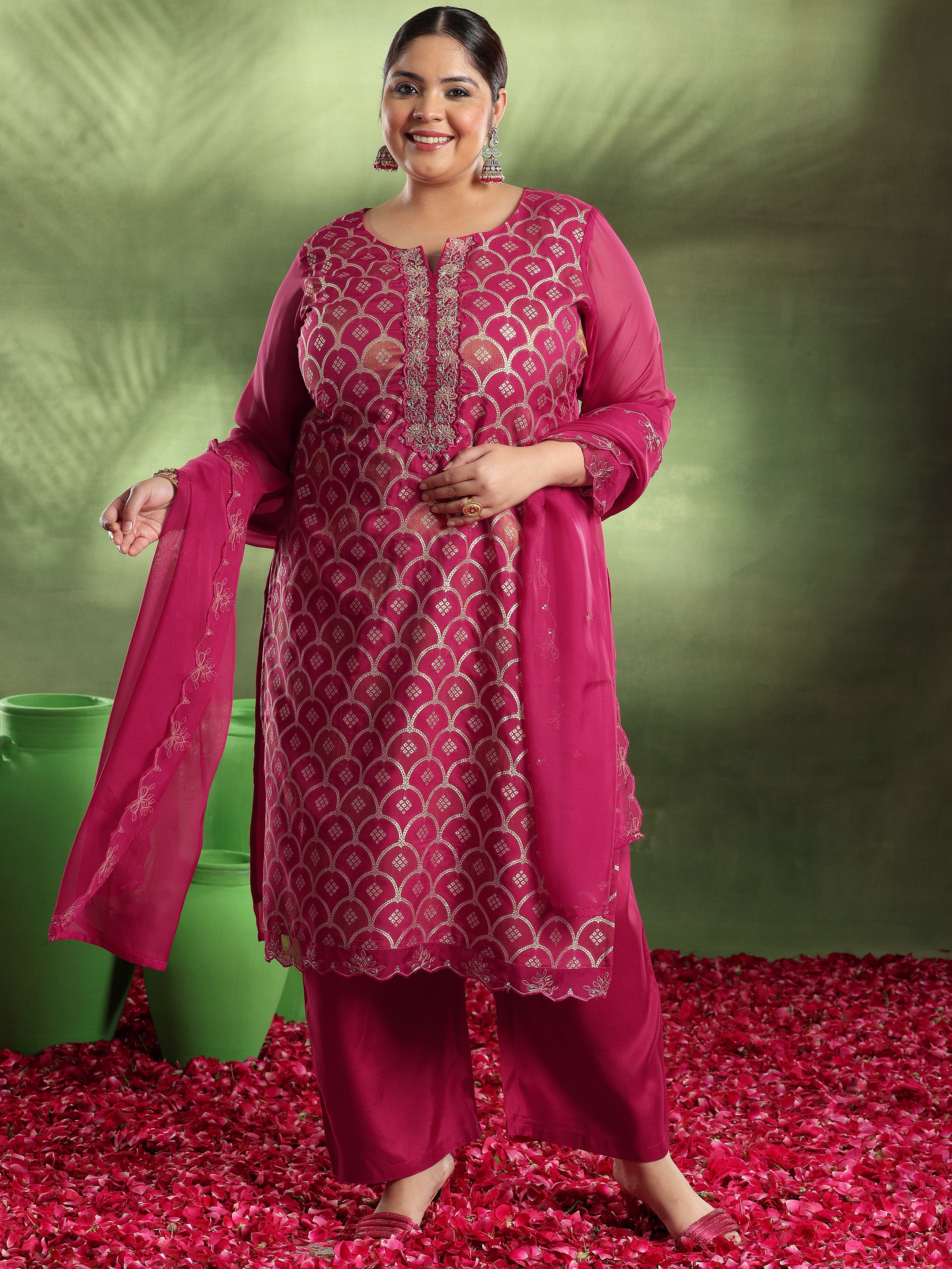 Plus Size Pink Woven Design Organza Straight Suit With Dupatta