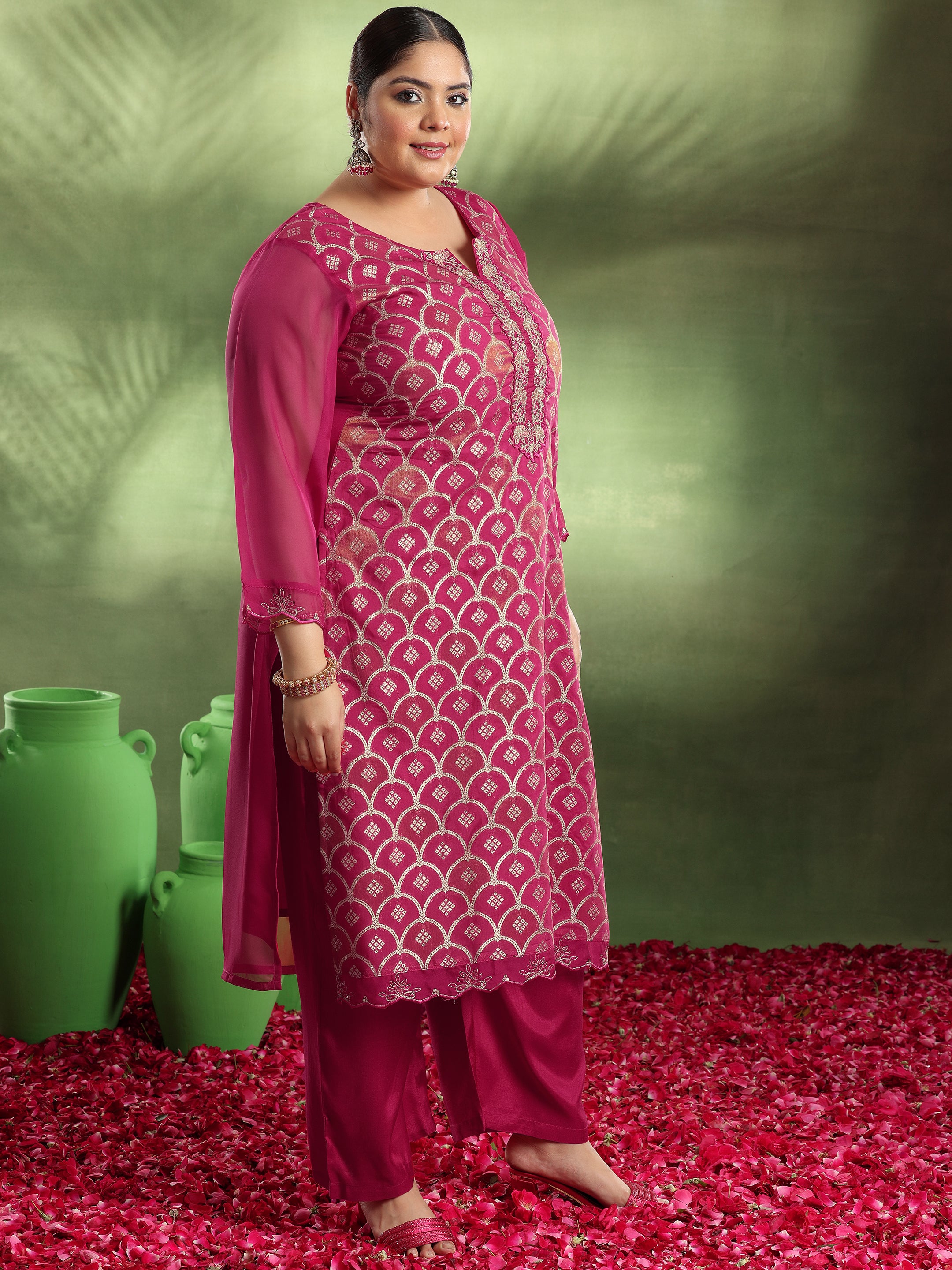 Plus Size Pink Woven Design Organza Straight Suit With Dupatta