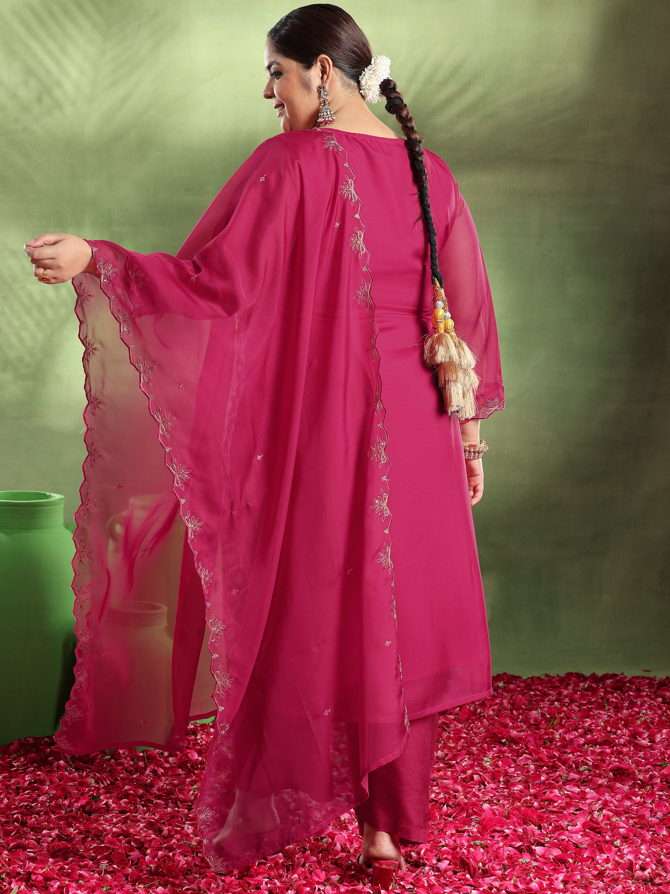 Plus Size Pink Woven Design Organza Straight Suit With Dupatta