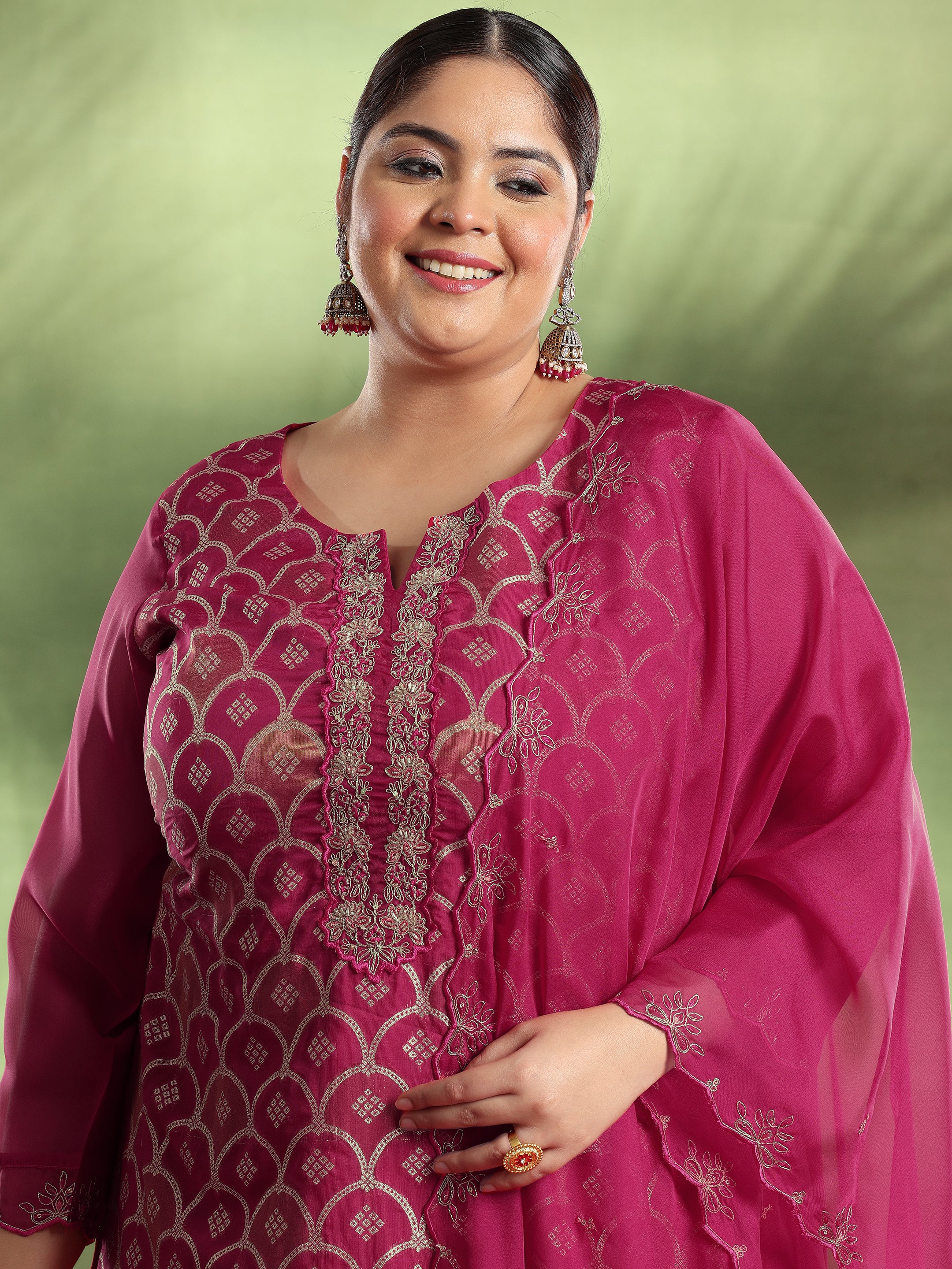 Plus Size Pink Woven Design Organza Straight Suit With Dupatta