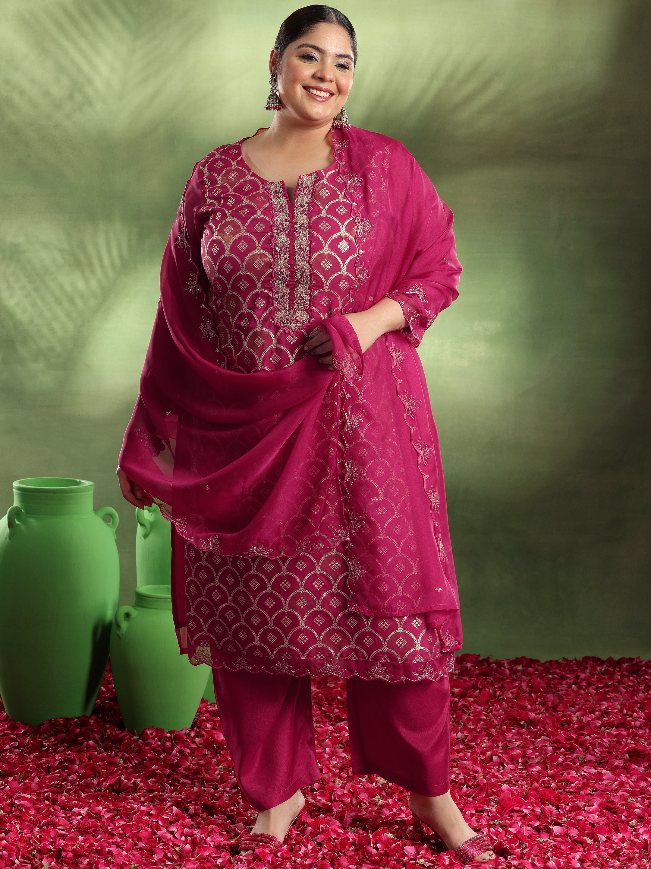 Plus Size Pink Woven Design Organza Straight Suit With Dupatta