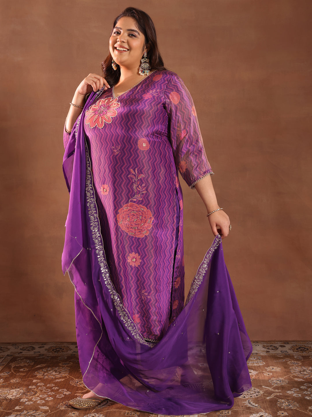 Plus Size Purple Printed Silk Blend Straight Suit With Dupatta