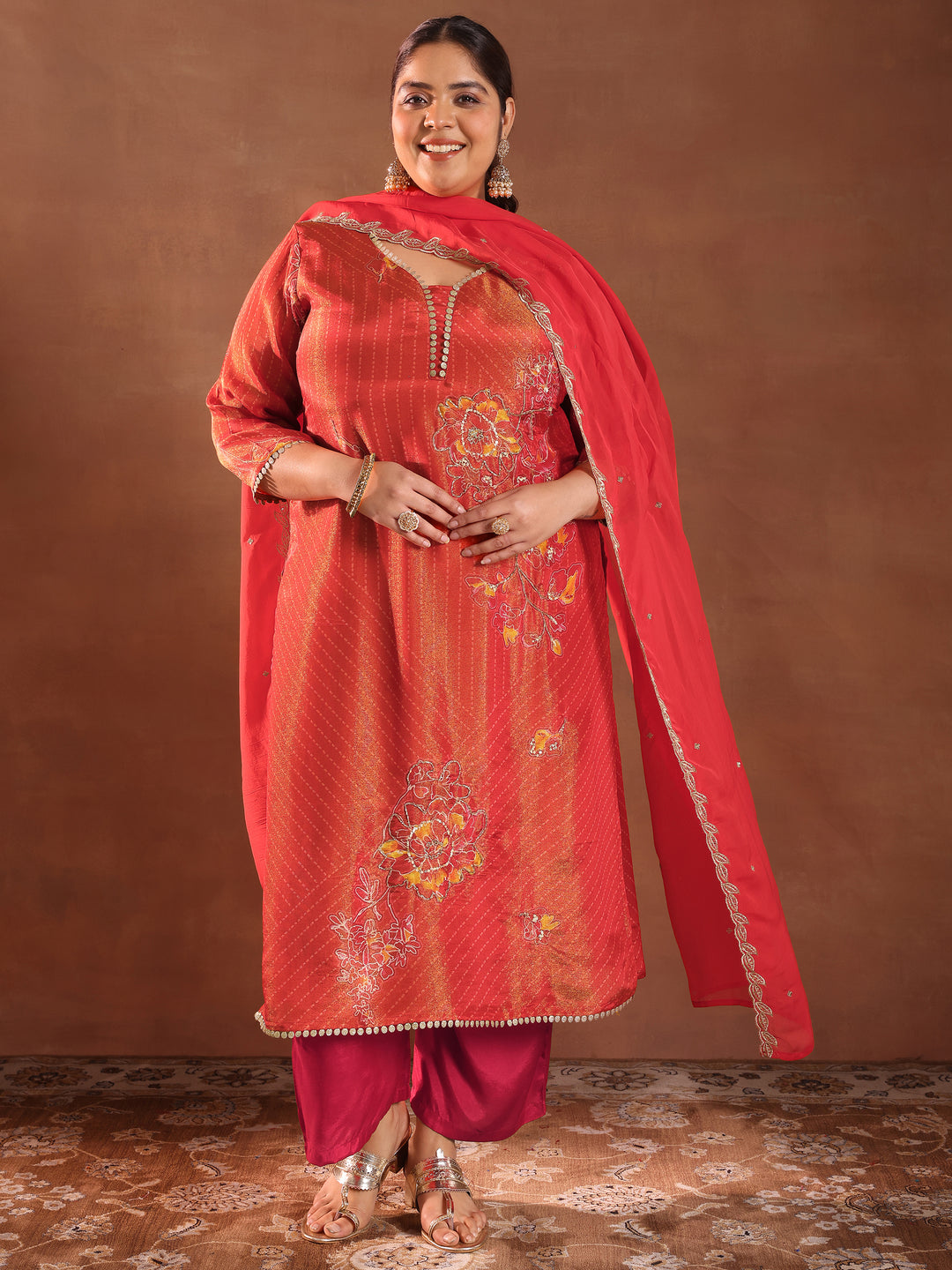 Plus Size Red Printed Silk Blend Straight Suit With Dupatta