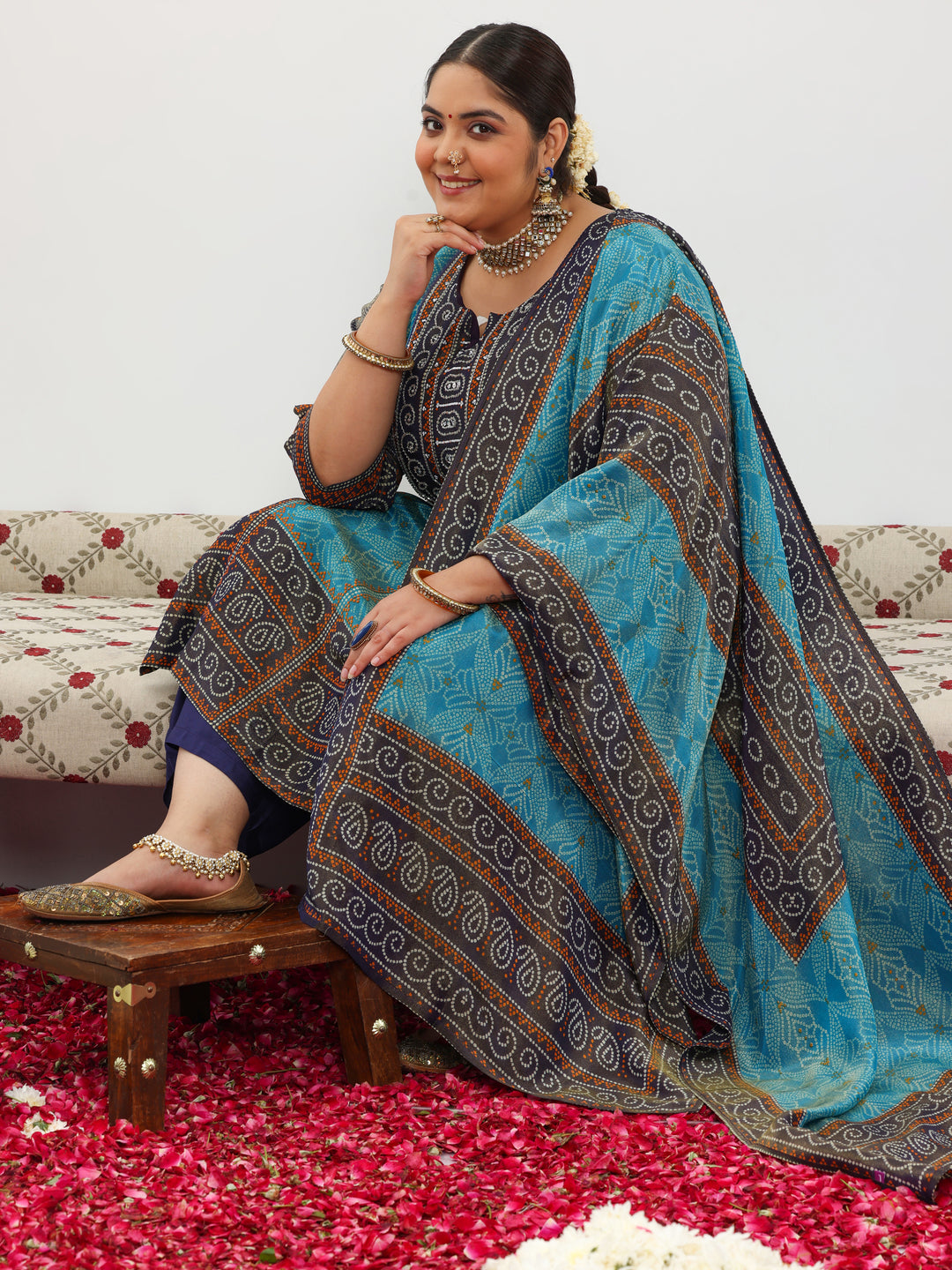 Plus Size Blue Printed Silk Blend Straight Suit With Dupatta