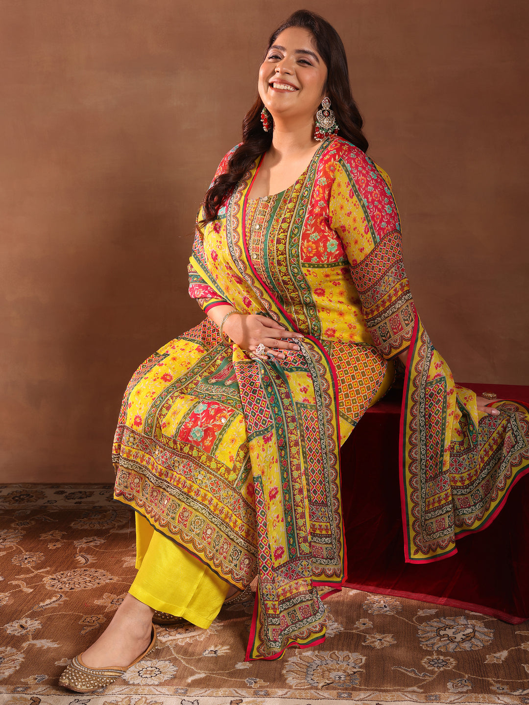 Plus Size Mutli Printed Organza Straight Suit With Dupatta