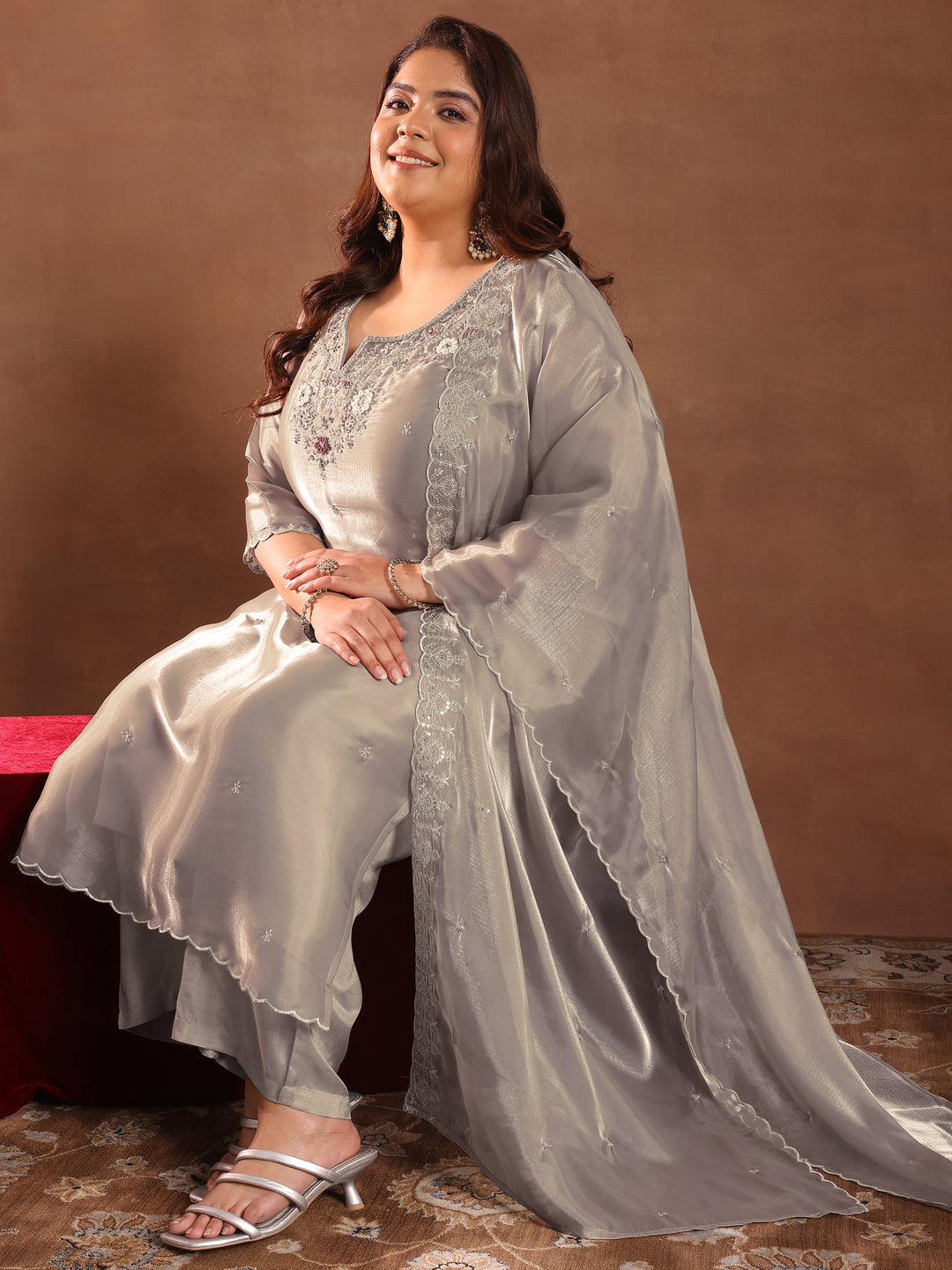 Plus Size Taupe Yoke Design Tissue Straight Suit With Dupatta