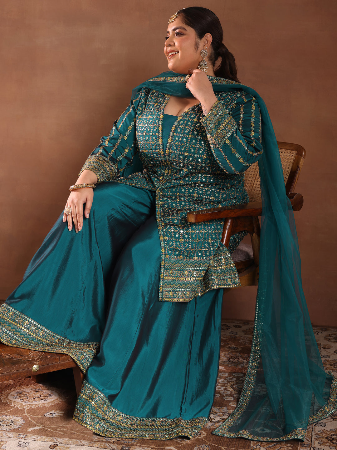 Plus Size Teal Embroidered Silk Blend Straight Suit With Dupatta