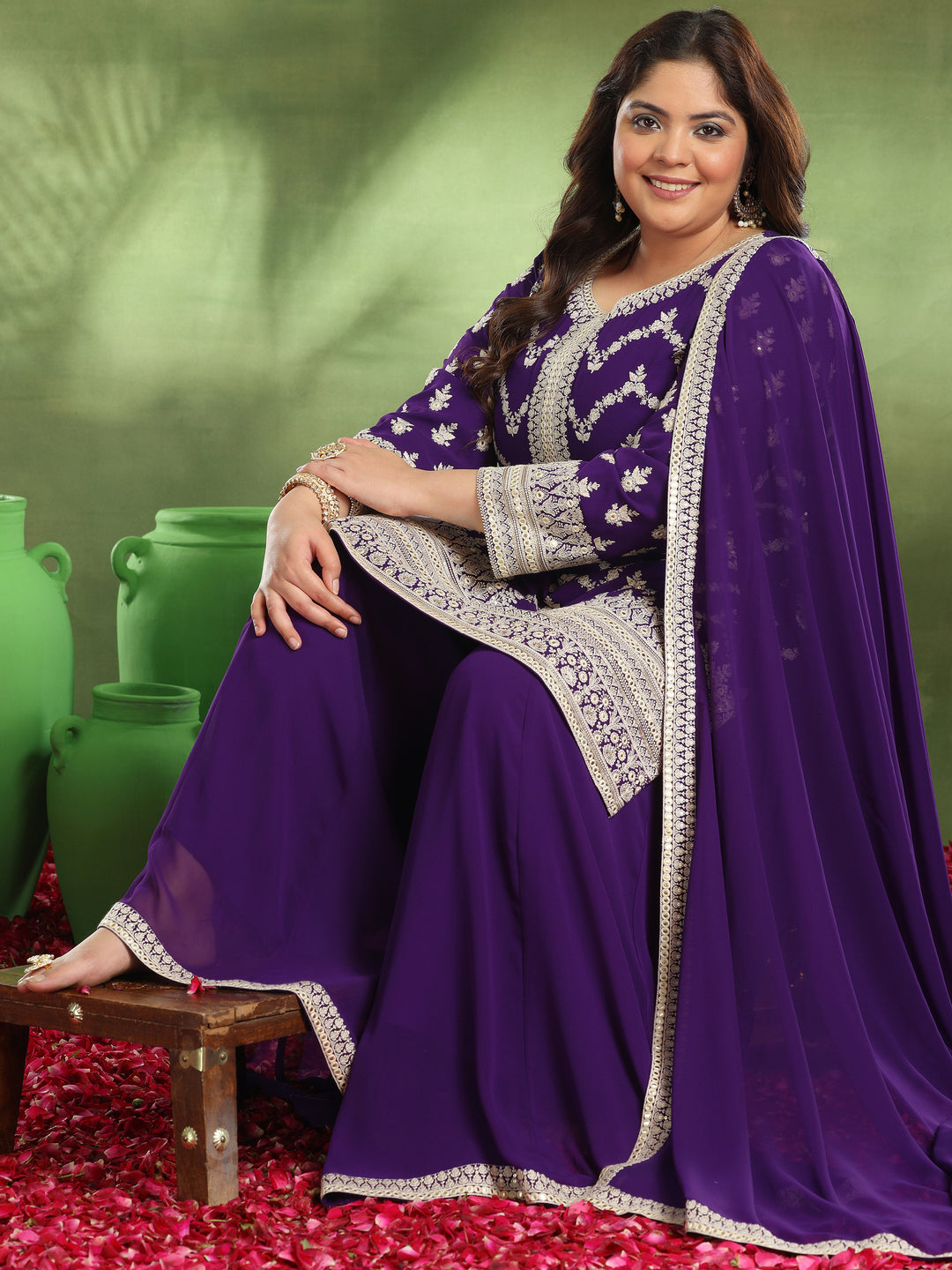 Plus Size Purple Embroidered Georgette Straight Suit With Dupatta