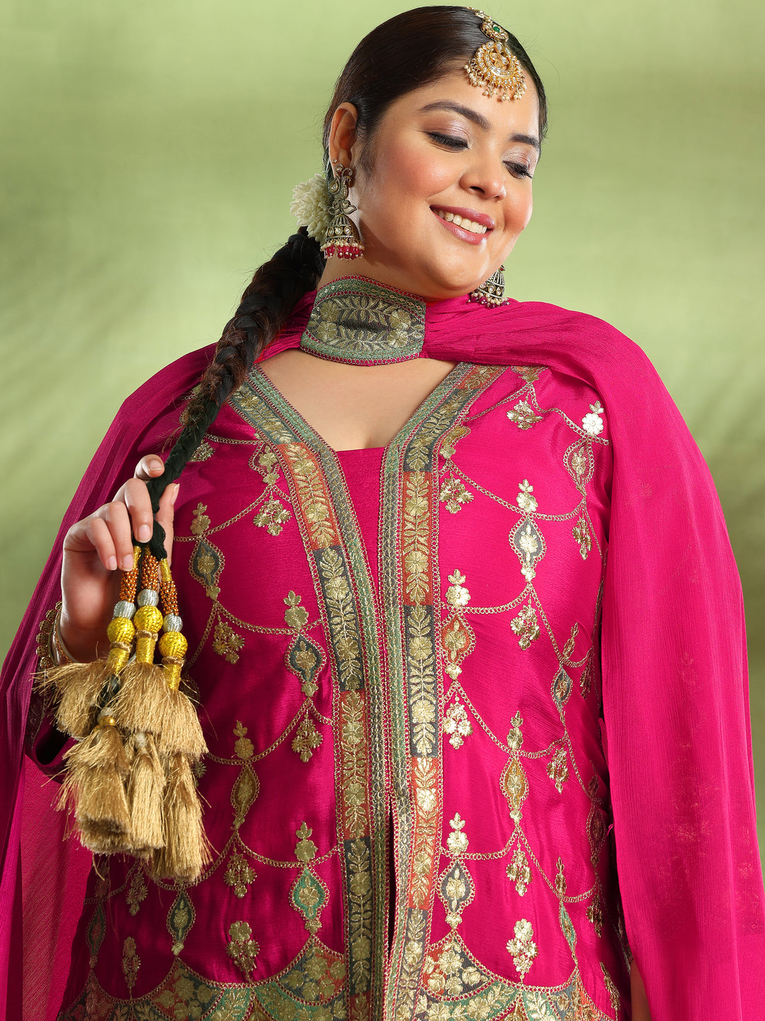 Plus Size Pink Embroidered Silk Blend Straight Suit With Dupatta