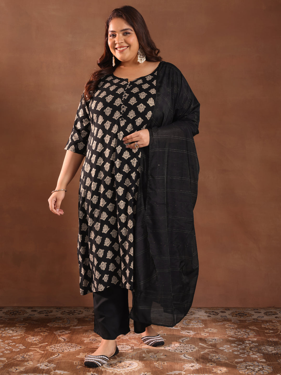 Plus Size Black Printed Silk Blend Straight Suit With Dupatta