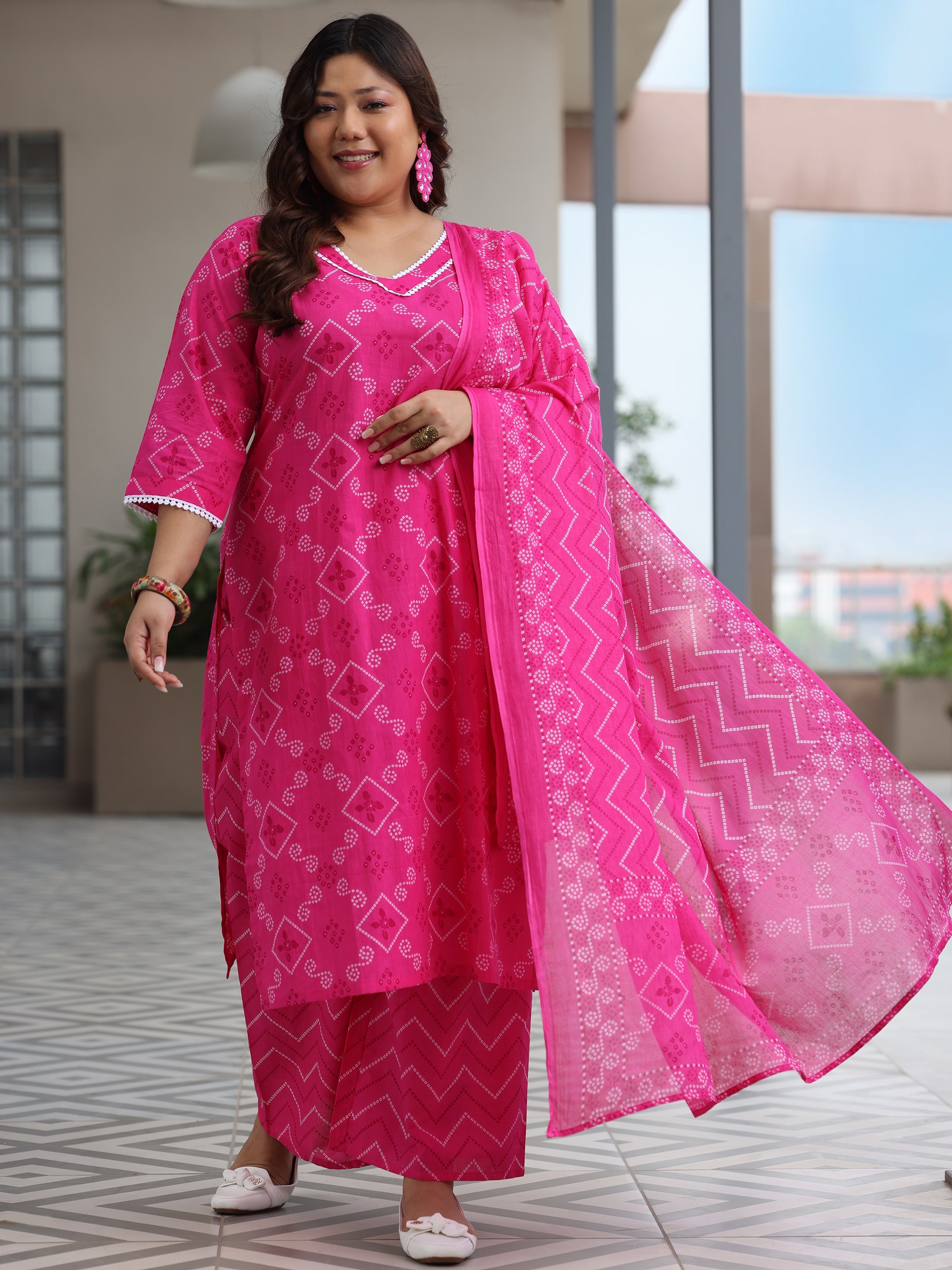 Plus Size Pink Printed Cotton Straight Suit With Dupatta