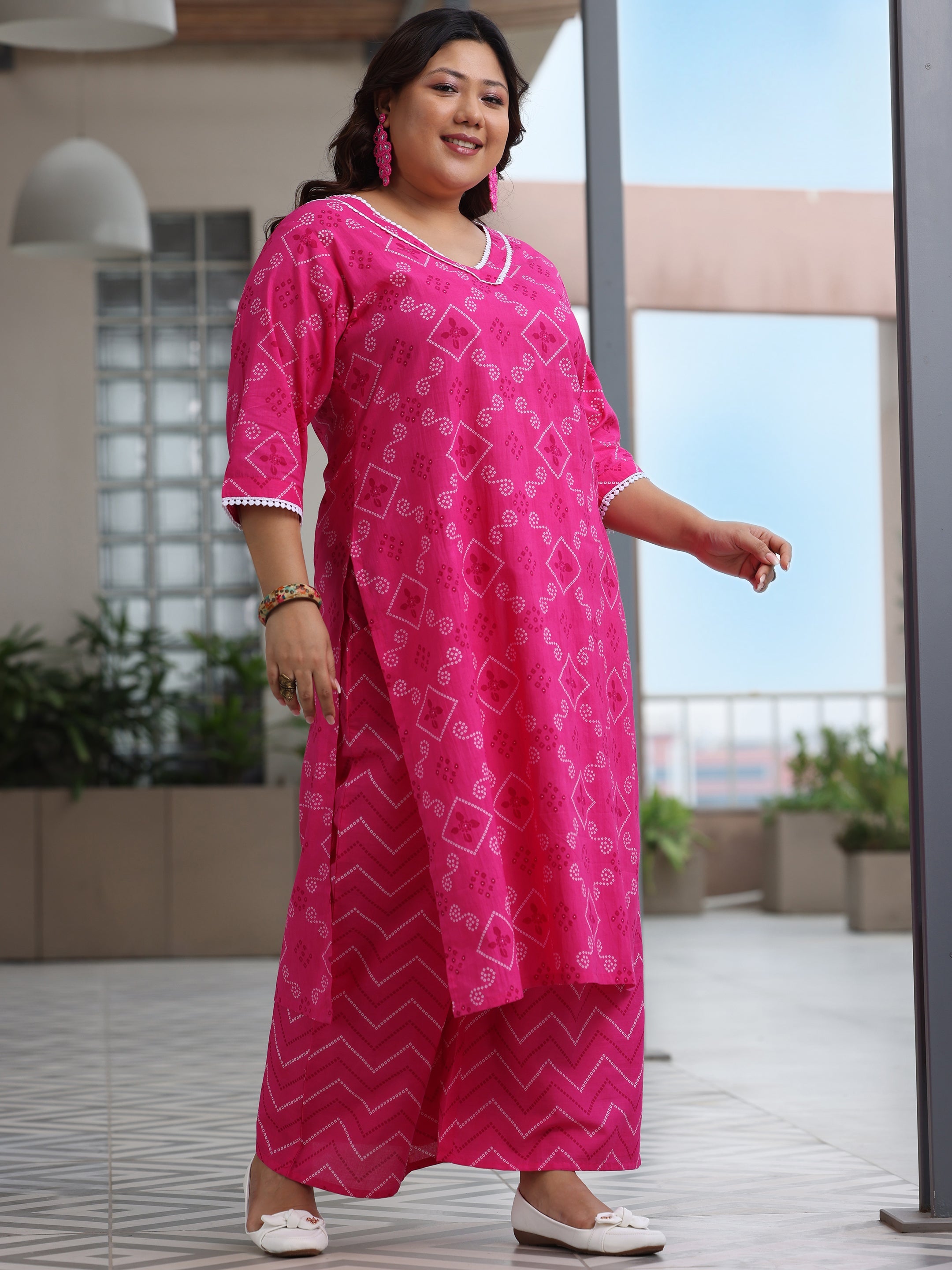 Plus Size Pink Printed Cotton Straight Suit With Dupatta