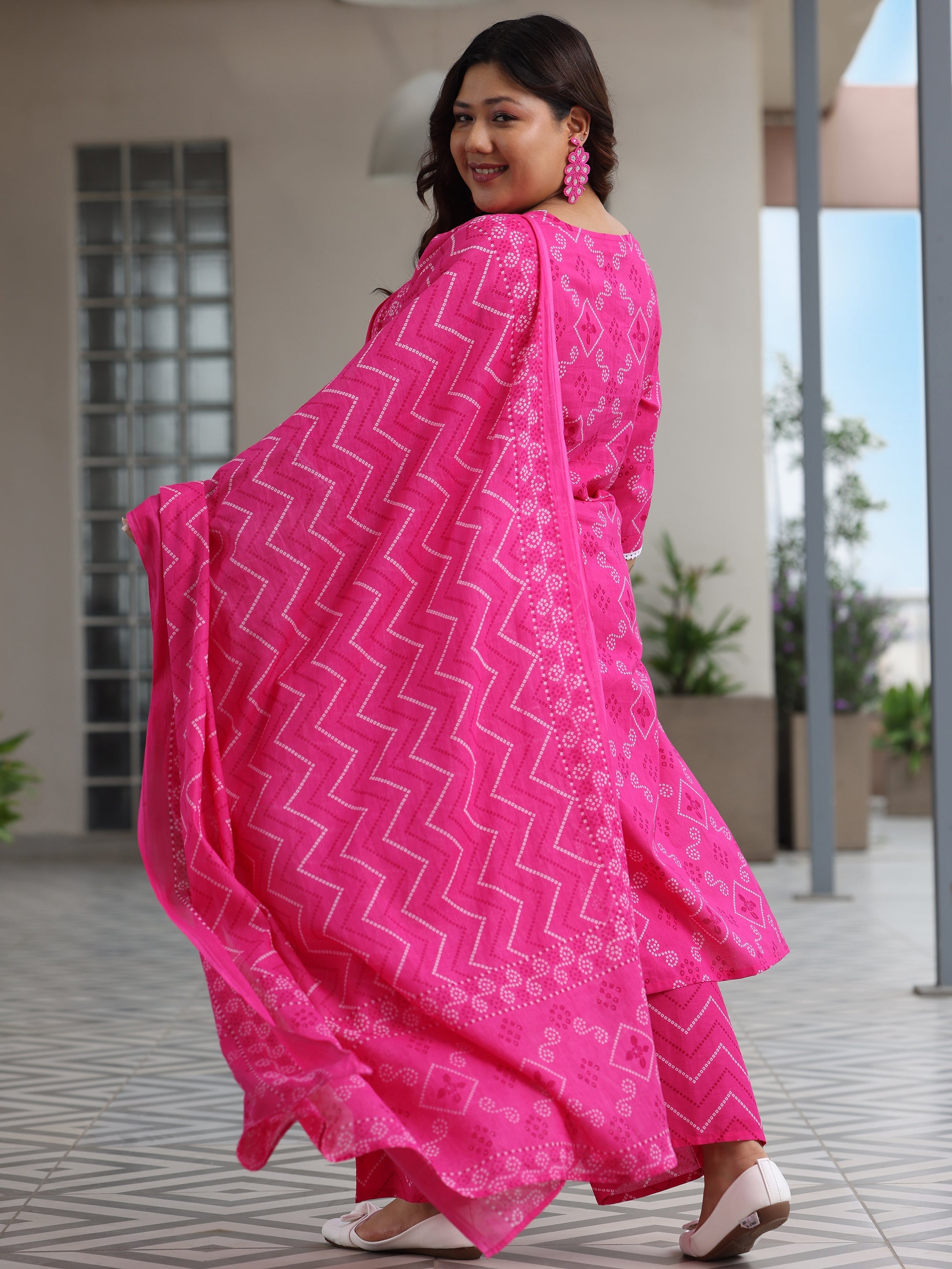 Plus Size Pink Printed Cotton Straight Suit With Dupatta