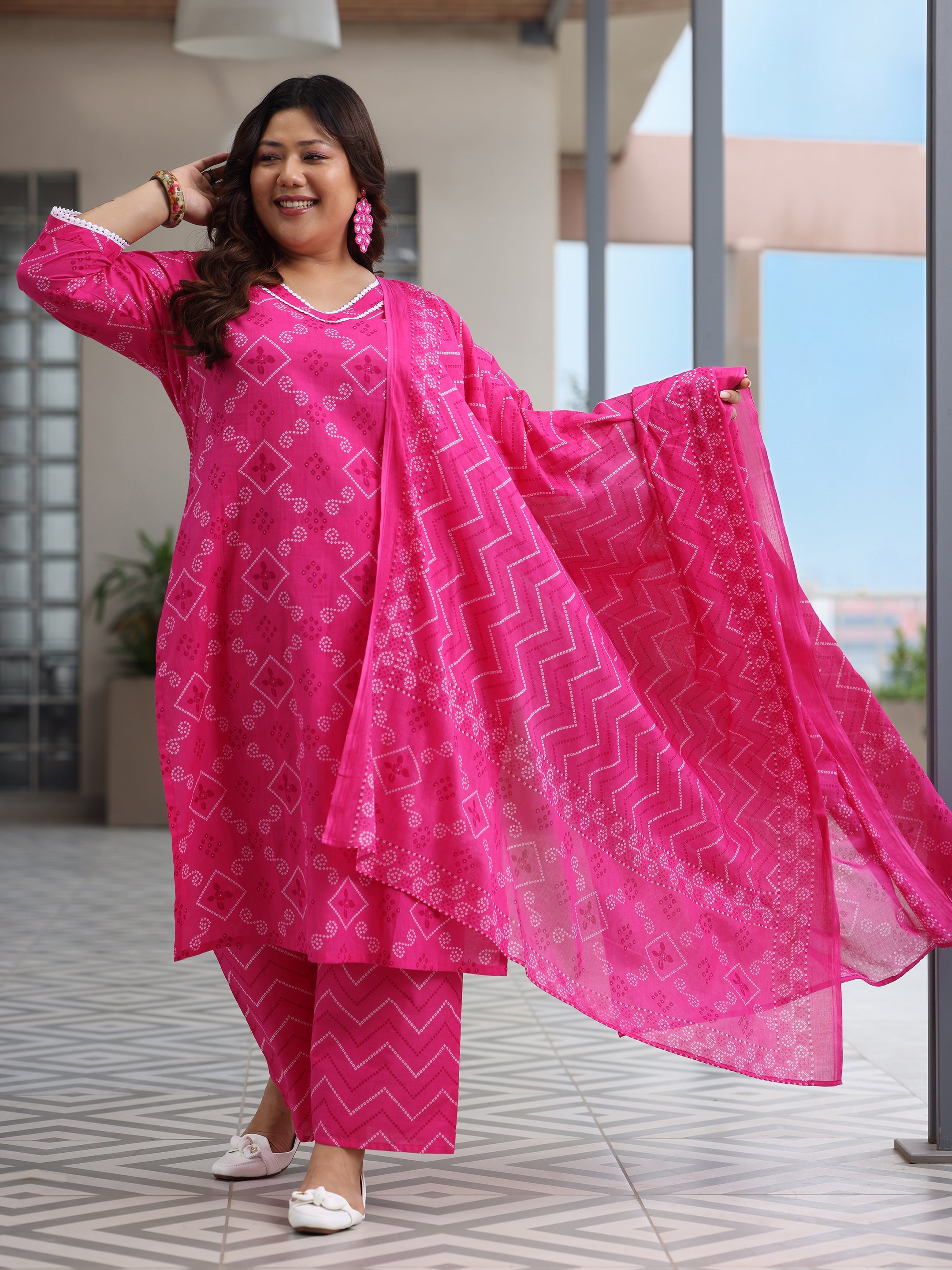 Plus Size Pink Printed Cotton Straight Suit With Dupatta