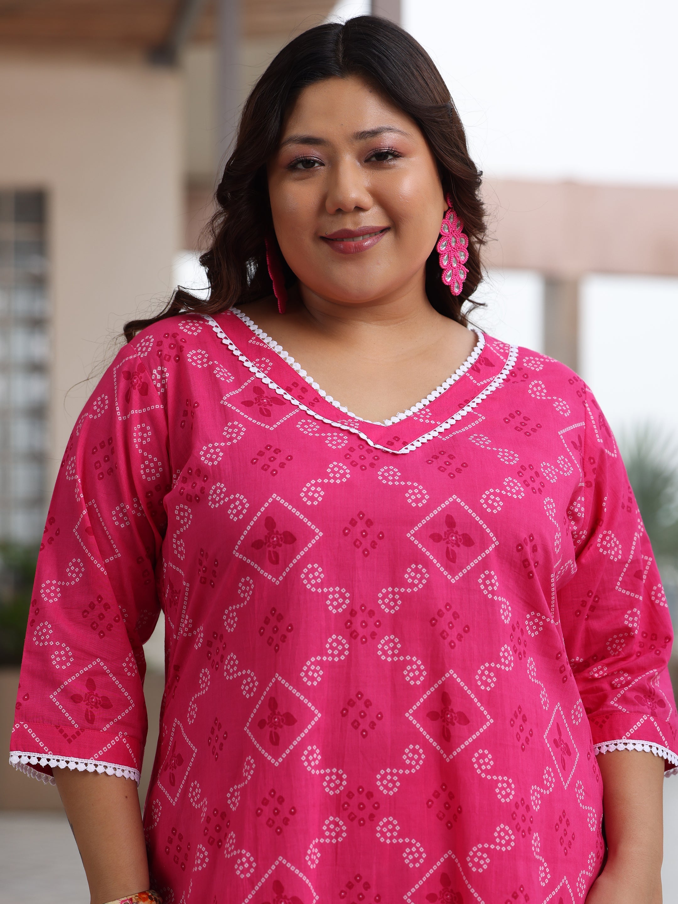 Plus Size Pink Printed Cotton Straight Suit With Dupatta