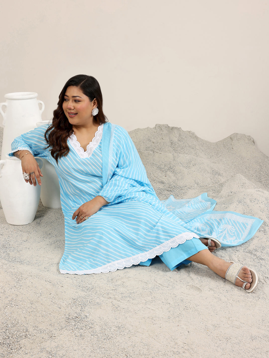 Plus Size Blue Printed Cotton Straight Suit Set With Dupatta