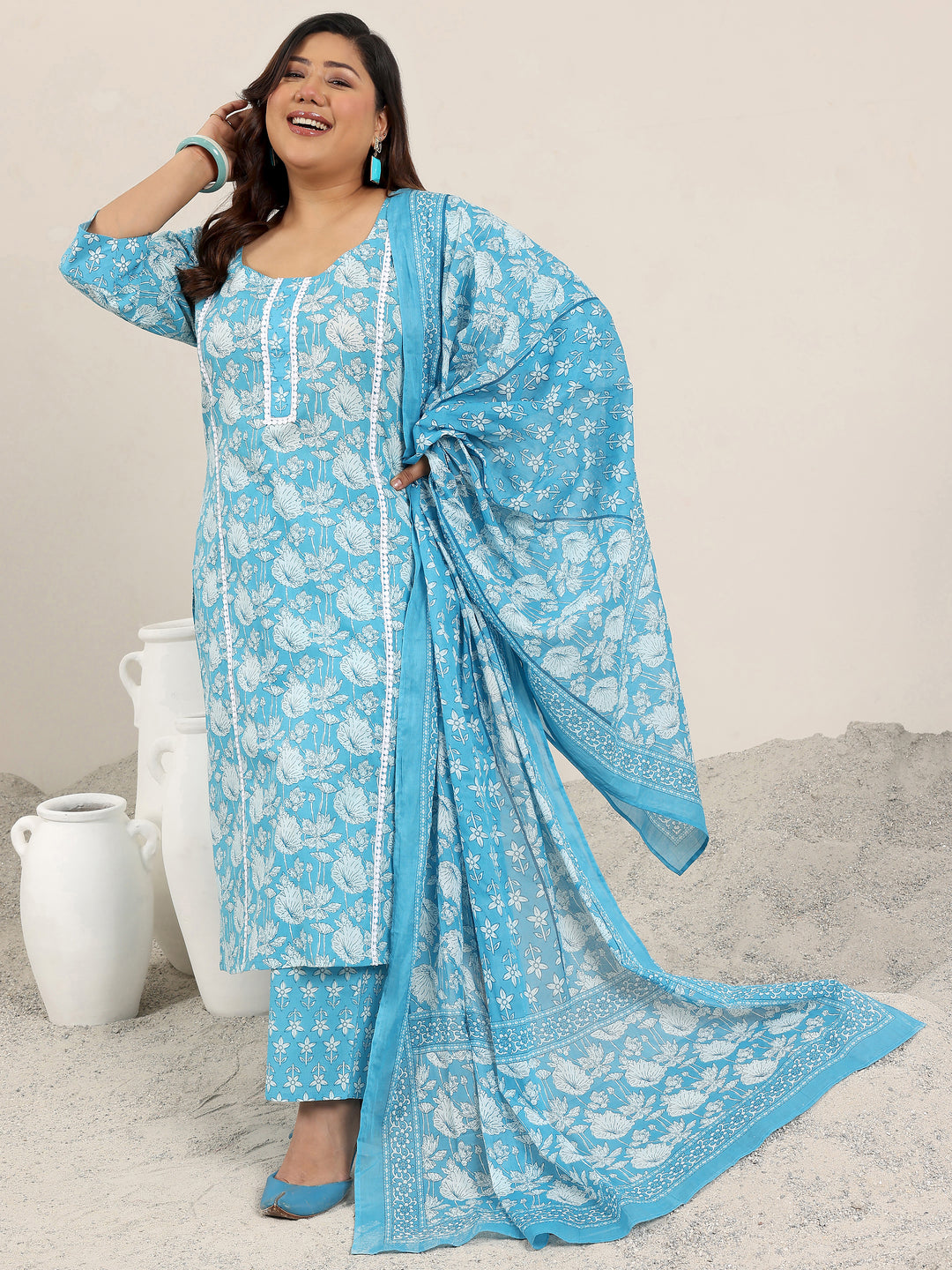 Plus Size Blue Printed Cotton Straight Suit Set With Dupatta