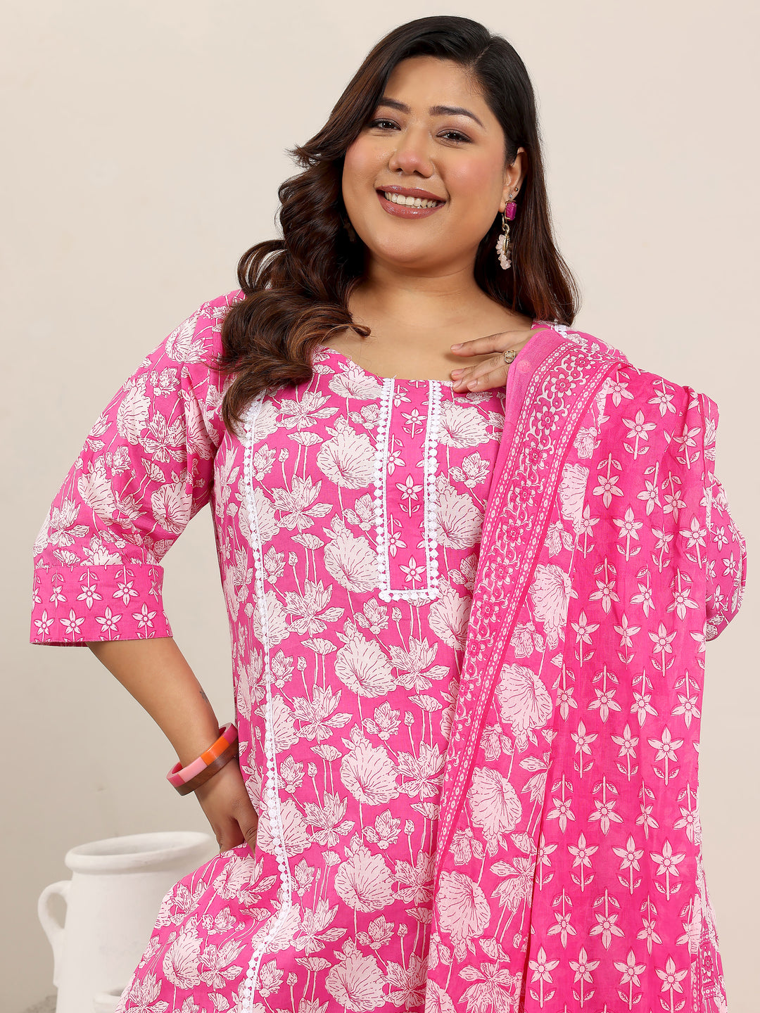 Plus Size Pink Printed Cotton Straight Suit Set With Dupatta