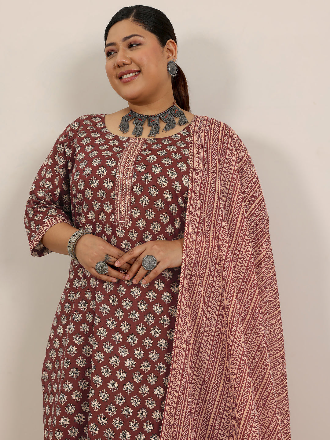 Plus Size Maroon Printed Cotton Straight Suit Set With Dupatta