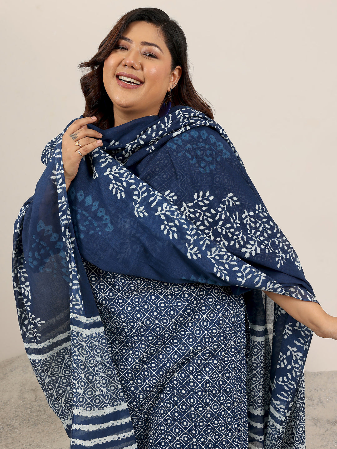 Plus Size Blue Printed Cotton Straight Suit Set With Dupatta