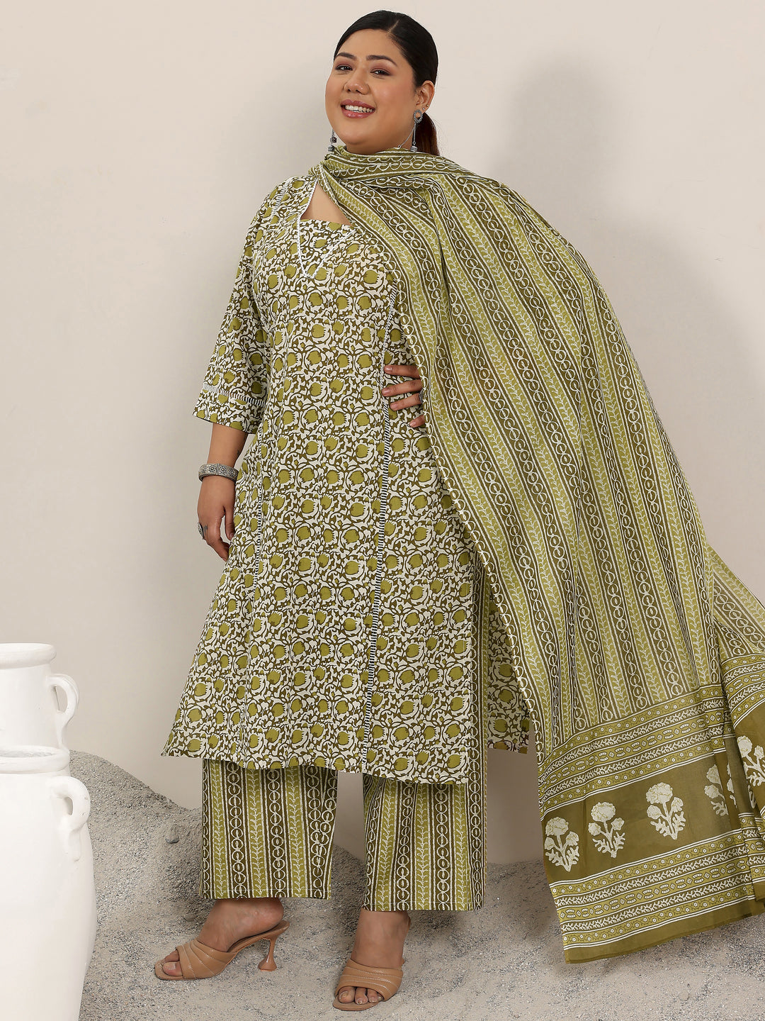 Plus Size Green Printed Cotton Straight Suit Set With Dupatta