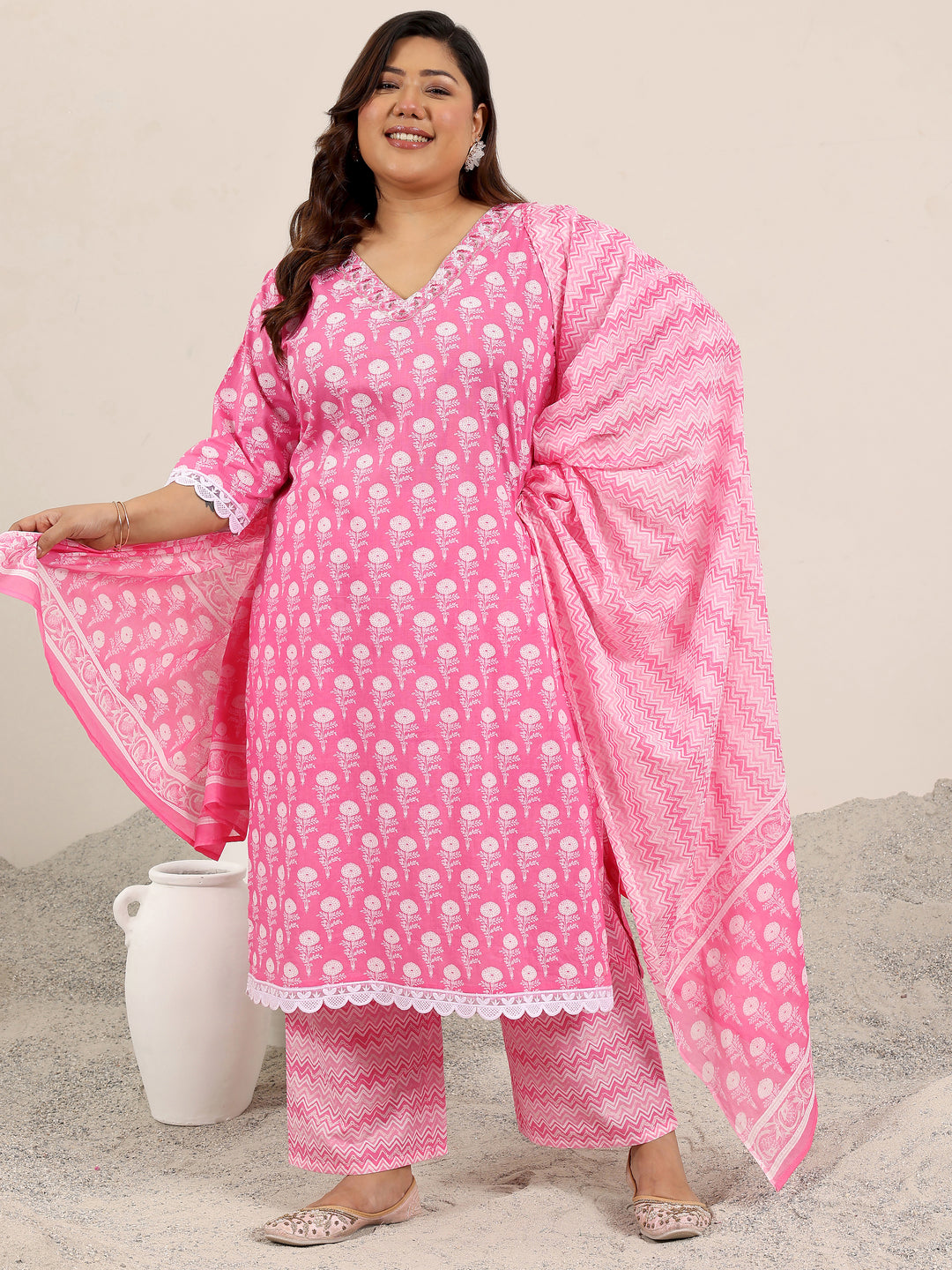 Plus Size Pink Printed Cotton Straight Suit Set With Dupatta