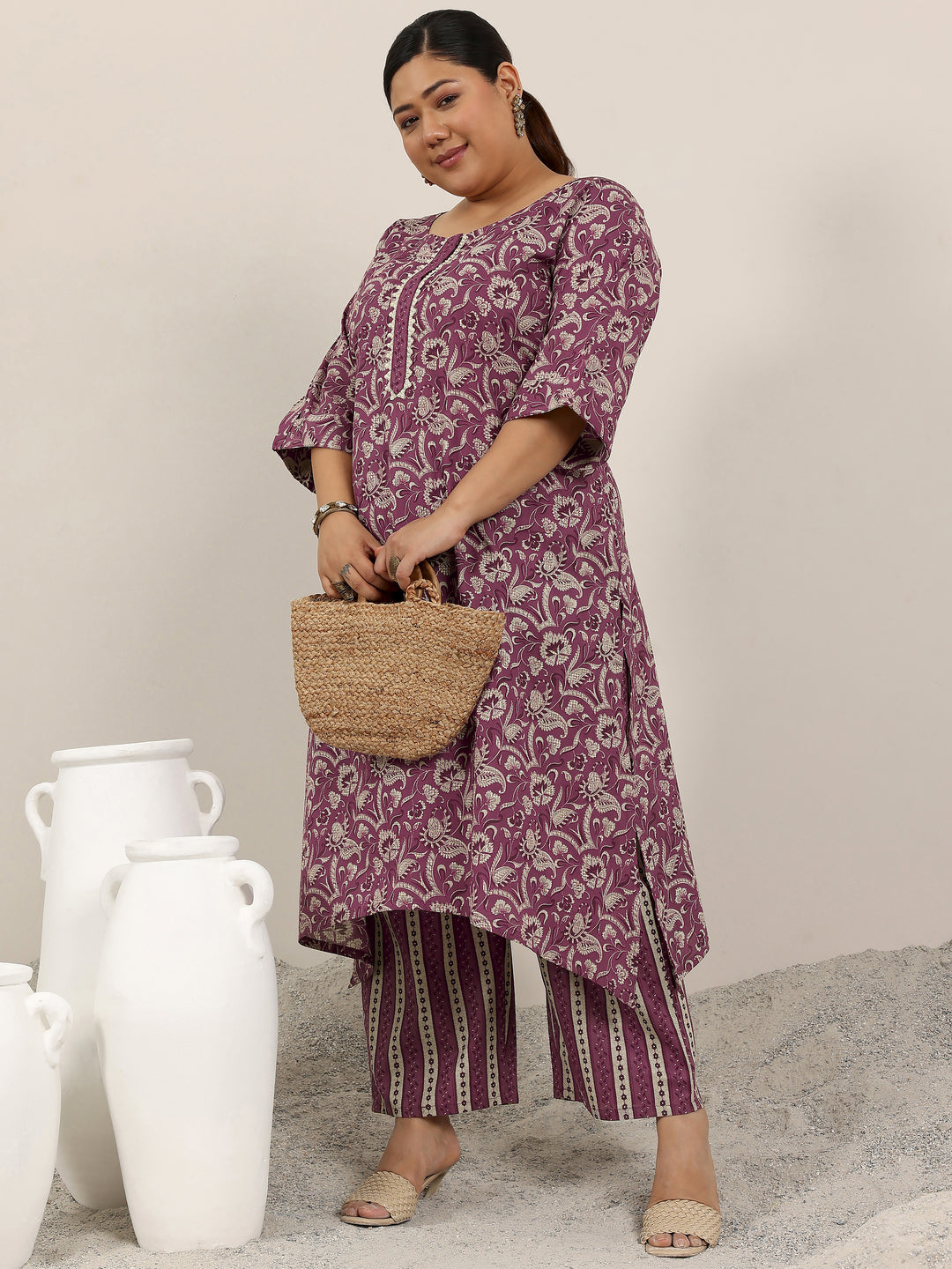 Plus Size Mauve Printed Cotton Straight Kurta Set