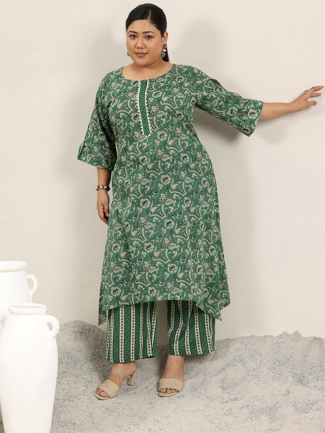 Plus Size Green Printed Cotton Straight Kurta Set