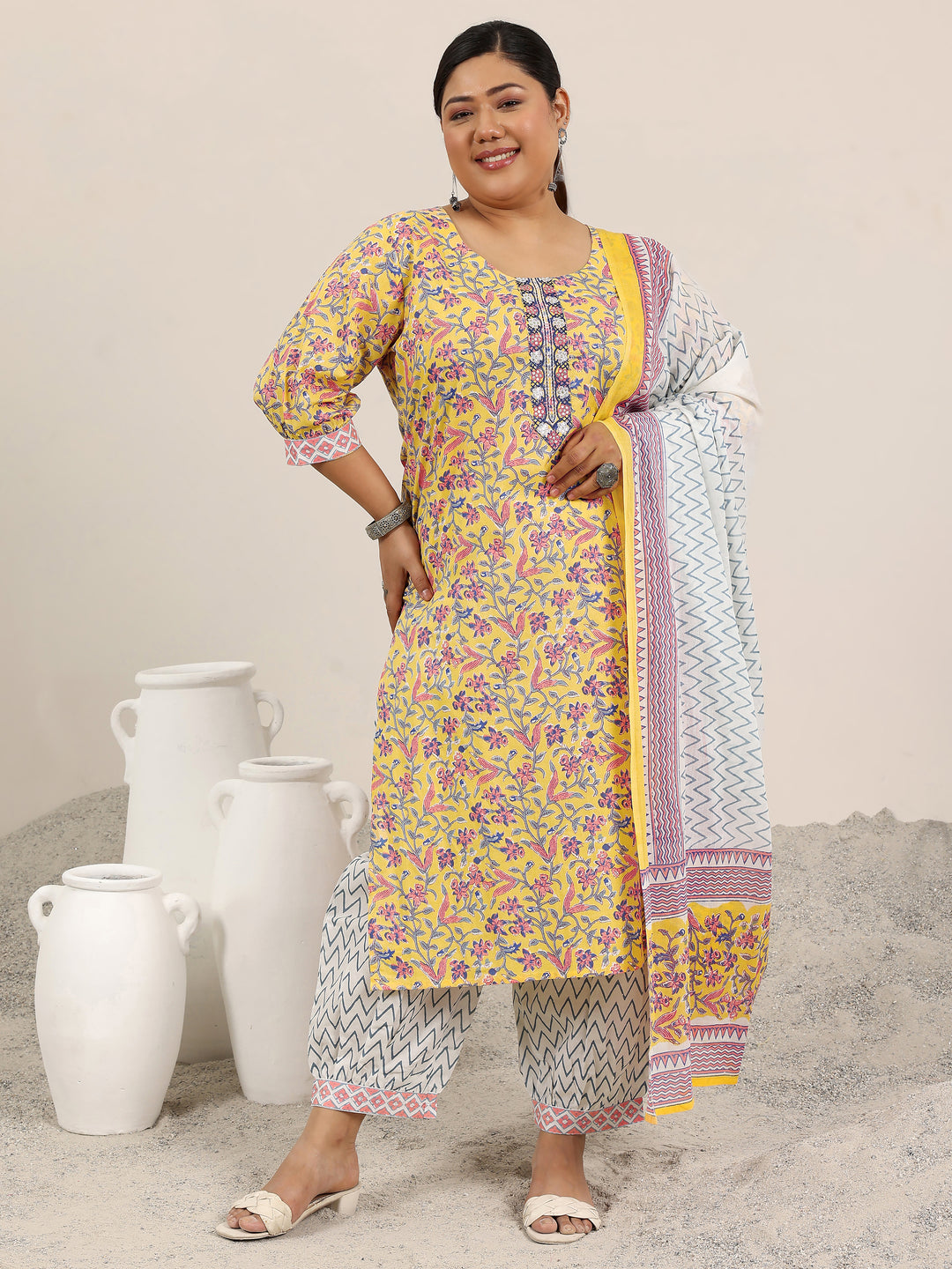 Plus Size Yellow Printed Cotton Straight Suit Set With Dupatta