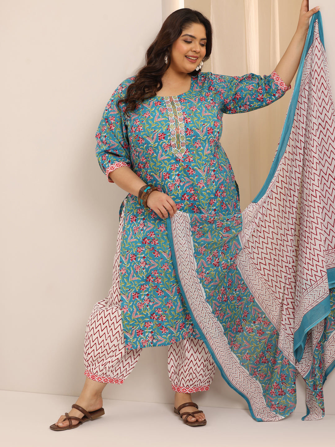 Plus Size Blue Printed Cotton Straight Suit Set With Dupatta