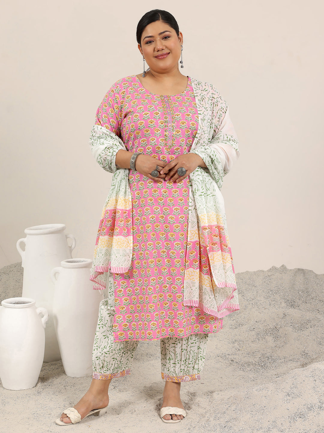 Plus Size Pink Printed Cotton Straight Suit Set With Dupatta