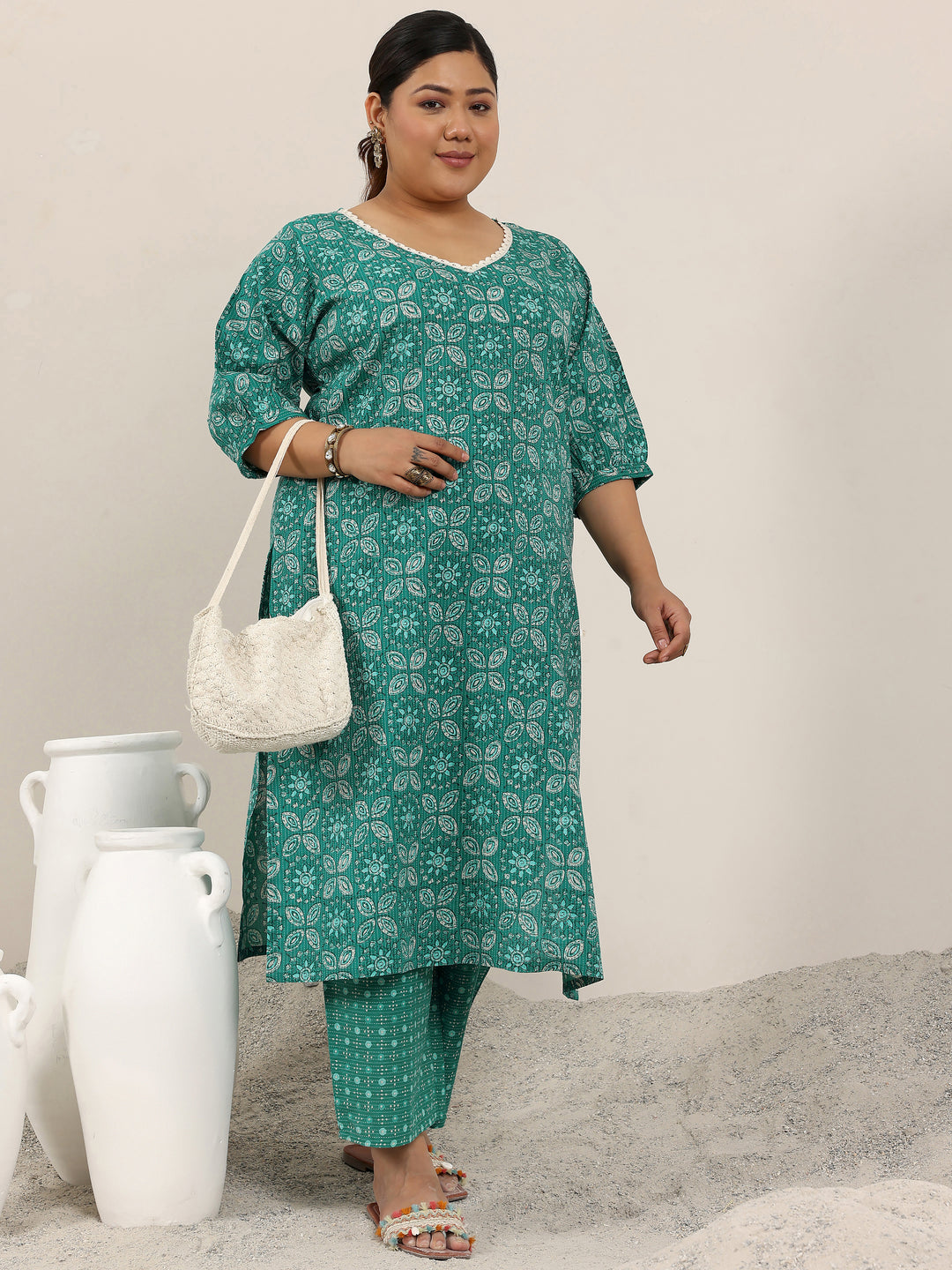 Plus Size Teal Printed Cotton Straight Kurta Set