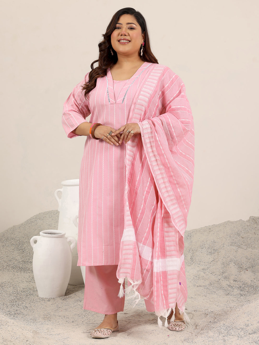 Plus Size Pink Woven Design Cotton Blend Straight Suit Set With Dupatta