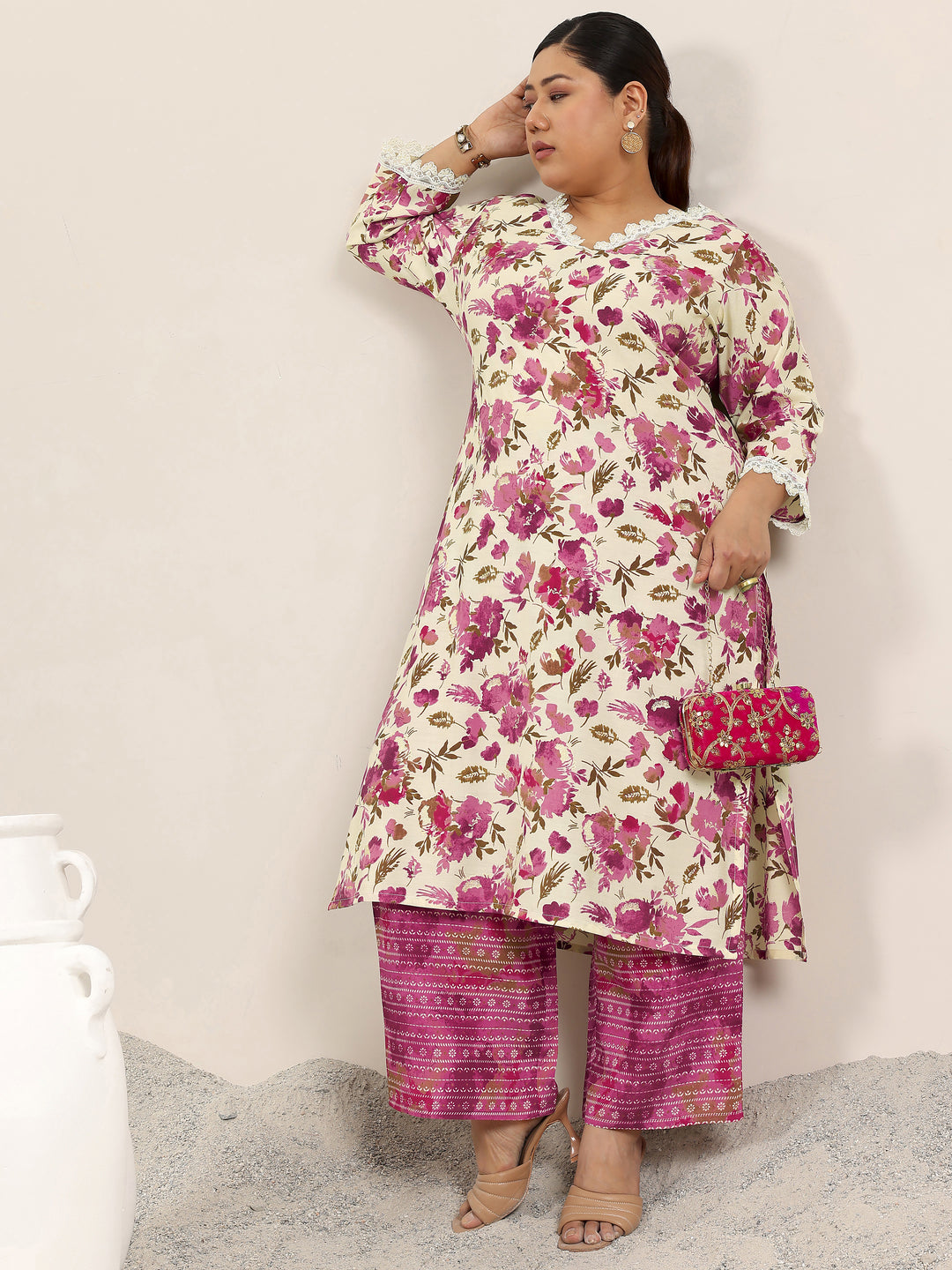 Plus Size Off White Printed Silk Blend Straight Kurta Set