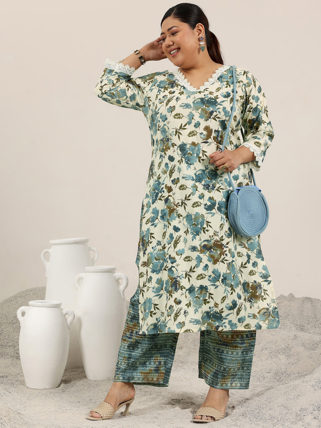 Plus Size Off White Printed Silk Blend Straight Kurta Set