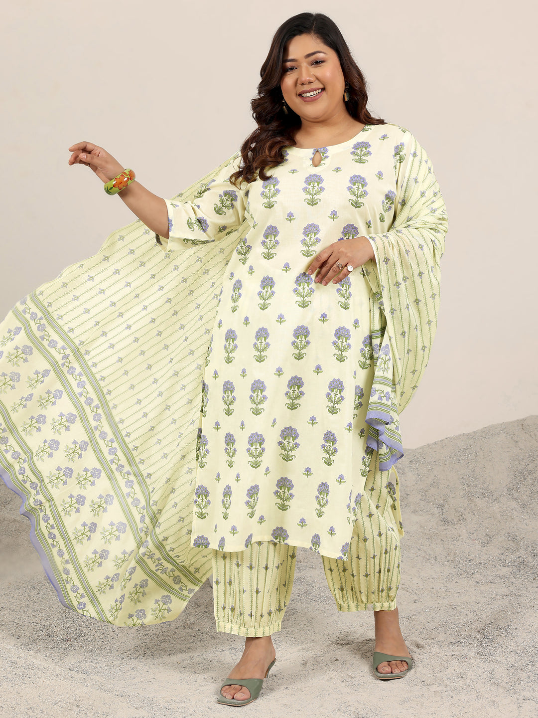 Plus Size Off White Printed Cotton Straight Suit Set With Dupatta