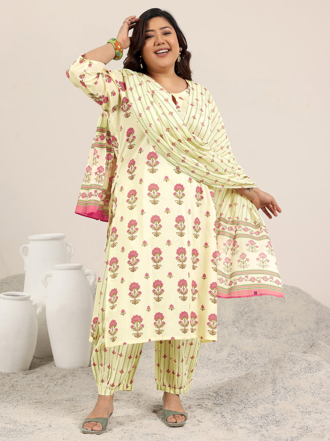 Plus Size Off White Printed Cotton Straight Suit Set With Dupatta