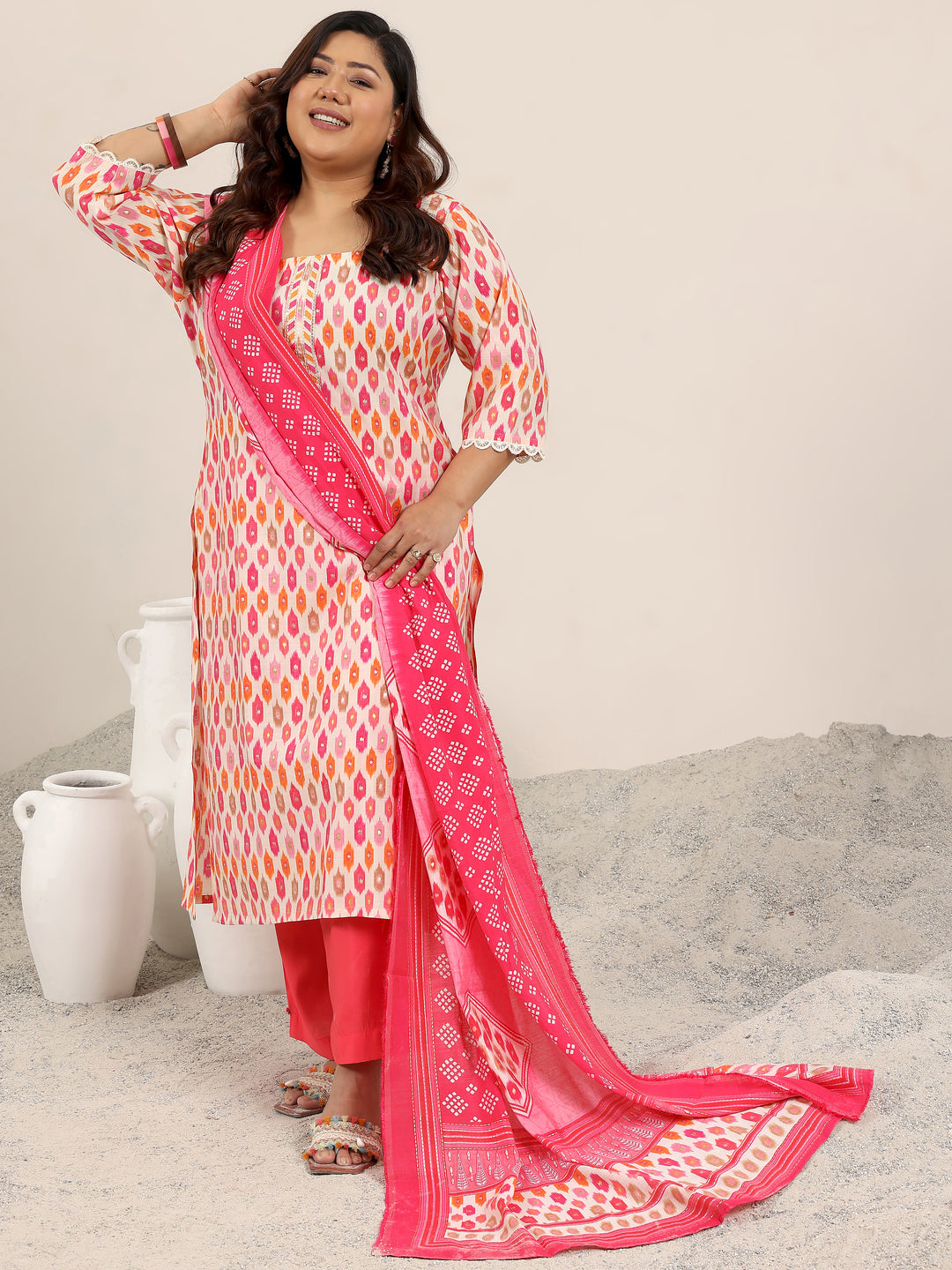 Plus Size Pink Printed Silk Blend Straight Suit Set With Dupatta