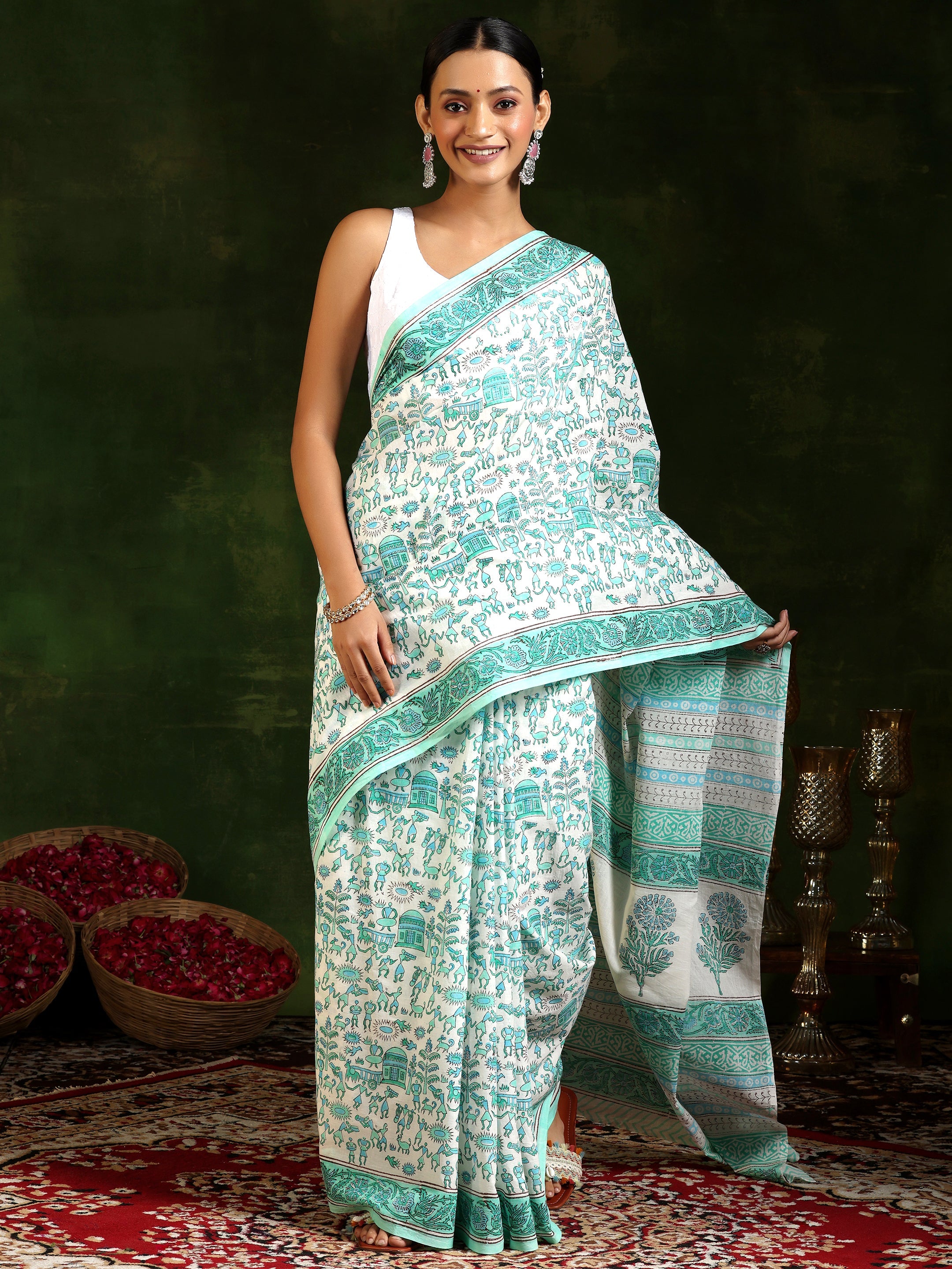 Off White Printed Cotton Saree With Unstitched Blouse Piece