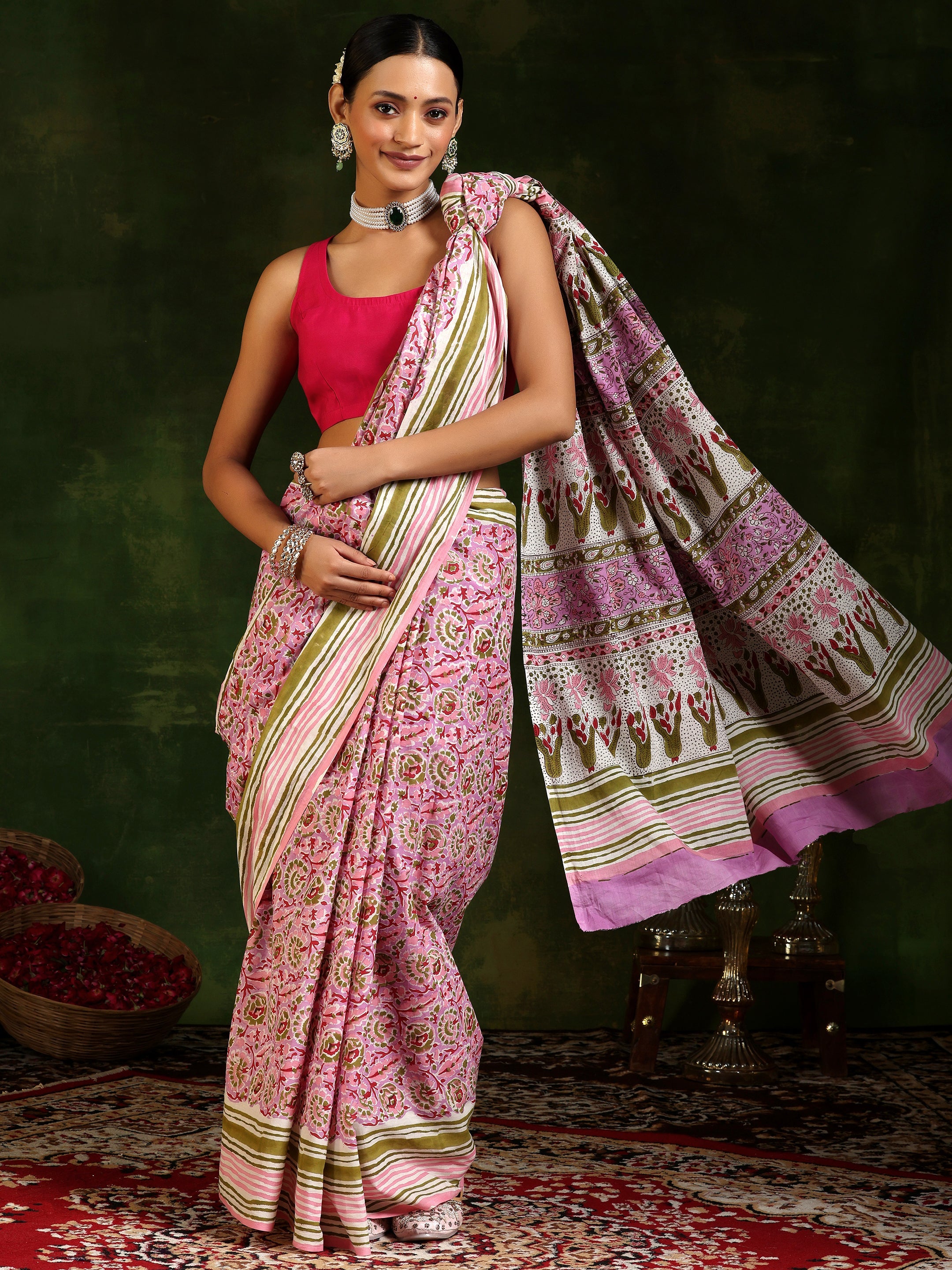 Lavender Printed Cotton Saree With Unstitched Blouse Piece