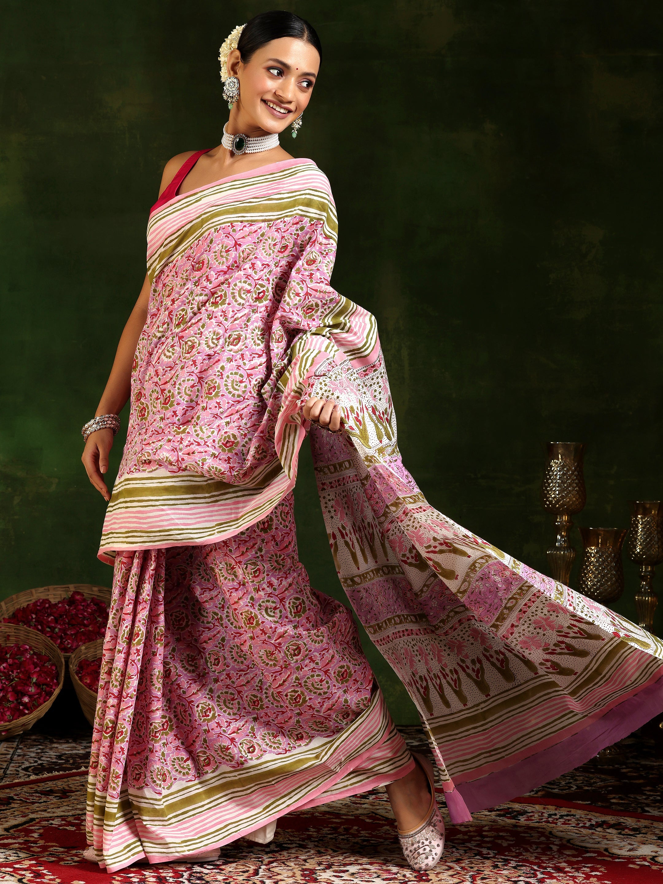 Lavender Printed Cotton Saree With Unstitched Blouse Piece